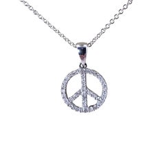 14 Karat White Gold Diamond Peace Sign Pendant Necklace