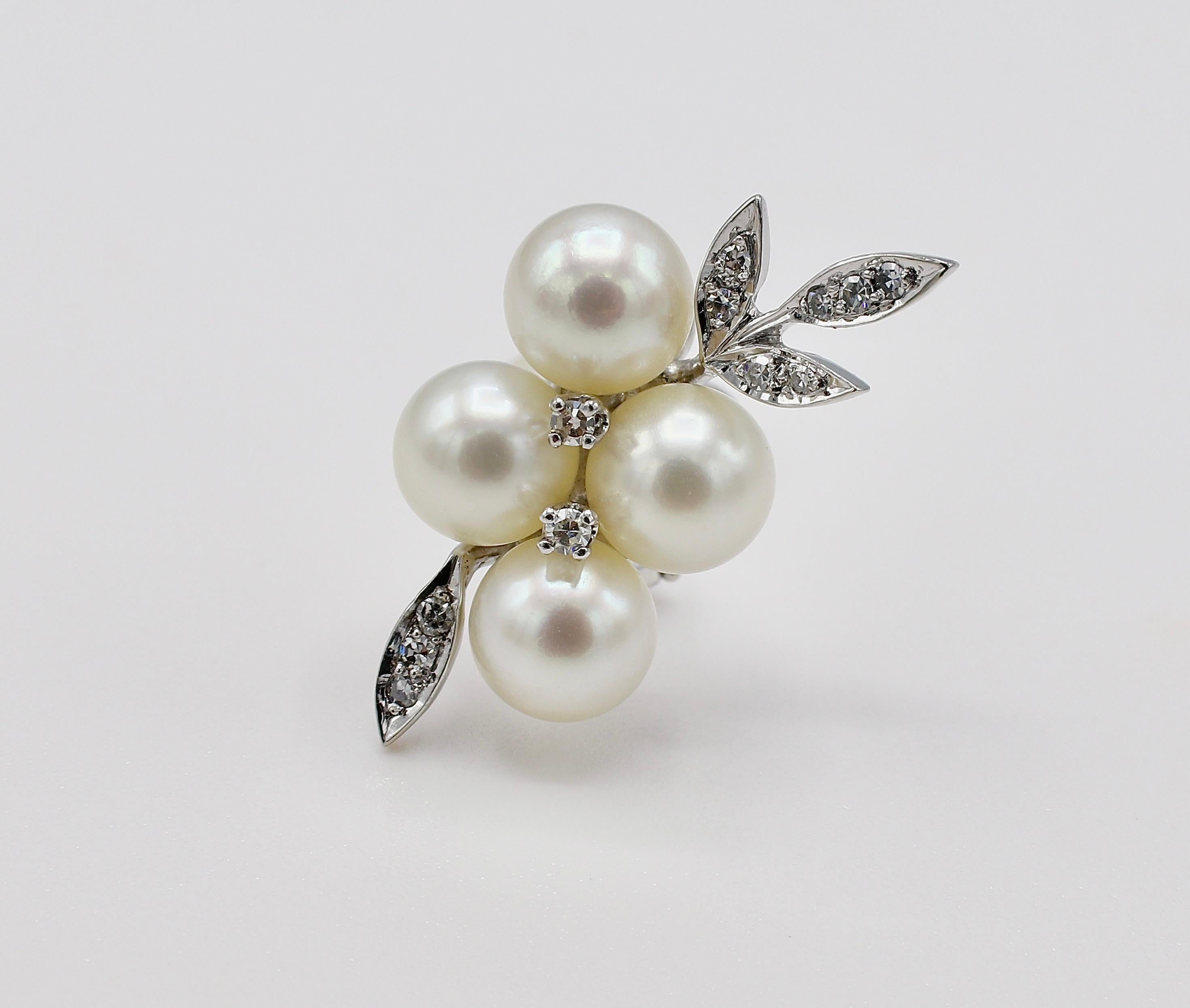 Women's 14 Karat White Gold Diamond and Pearl Cluster Leaf Earrings