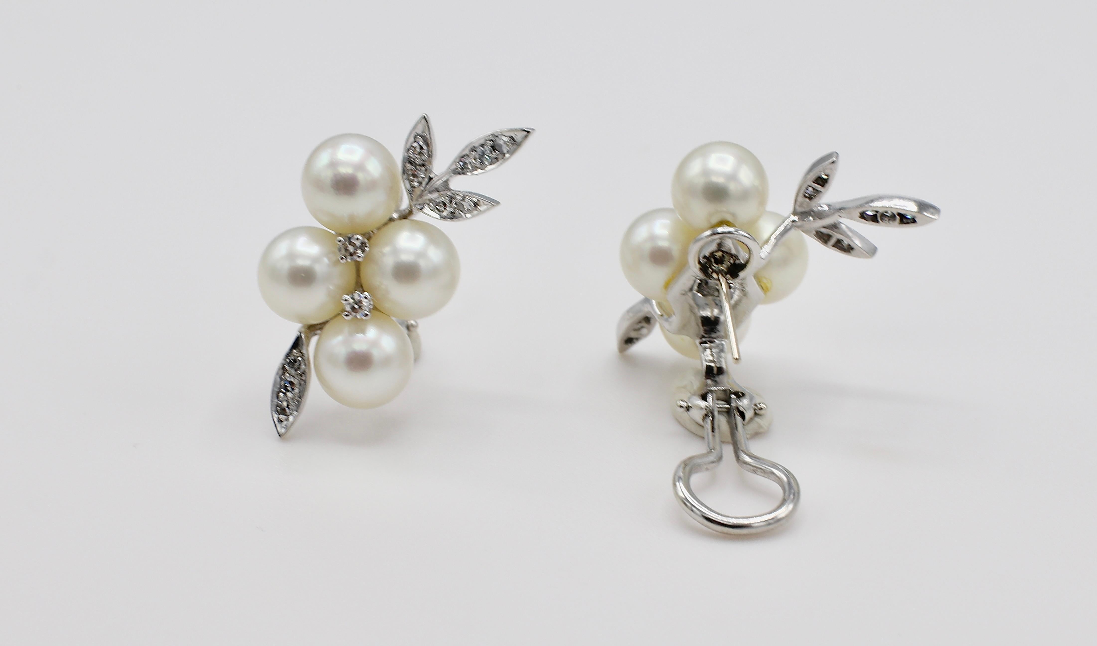 14 Karat White Gold Diamond and Pearl Cluster Leaf Earrings 1