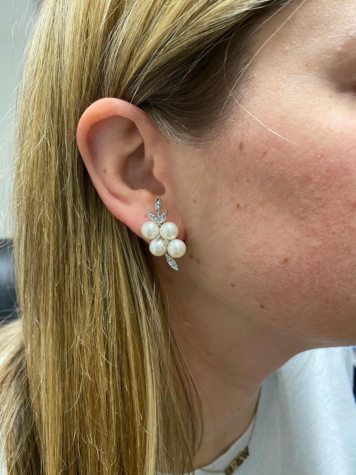 14 Karat White Gold Diamond and Pearl Cluster Leaf Earrings 2