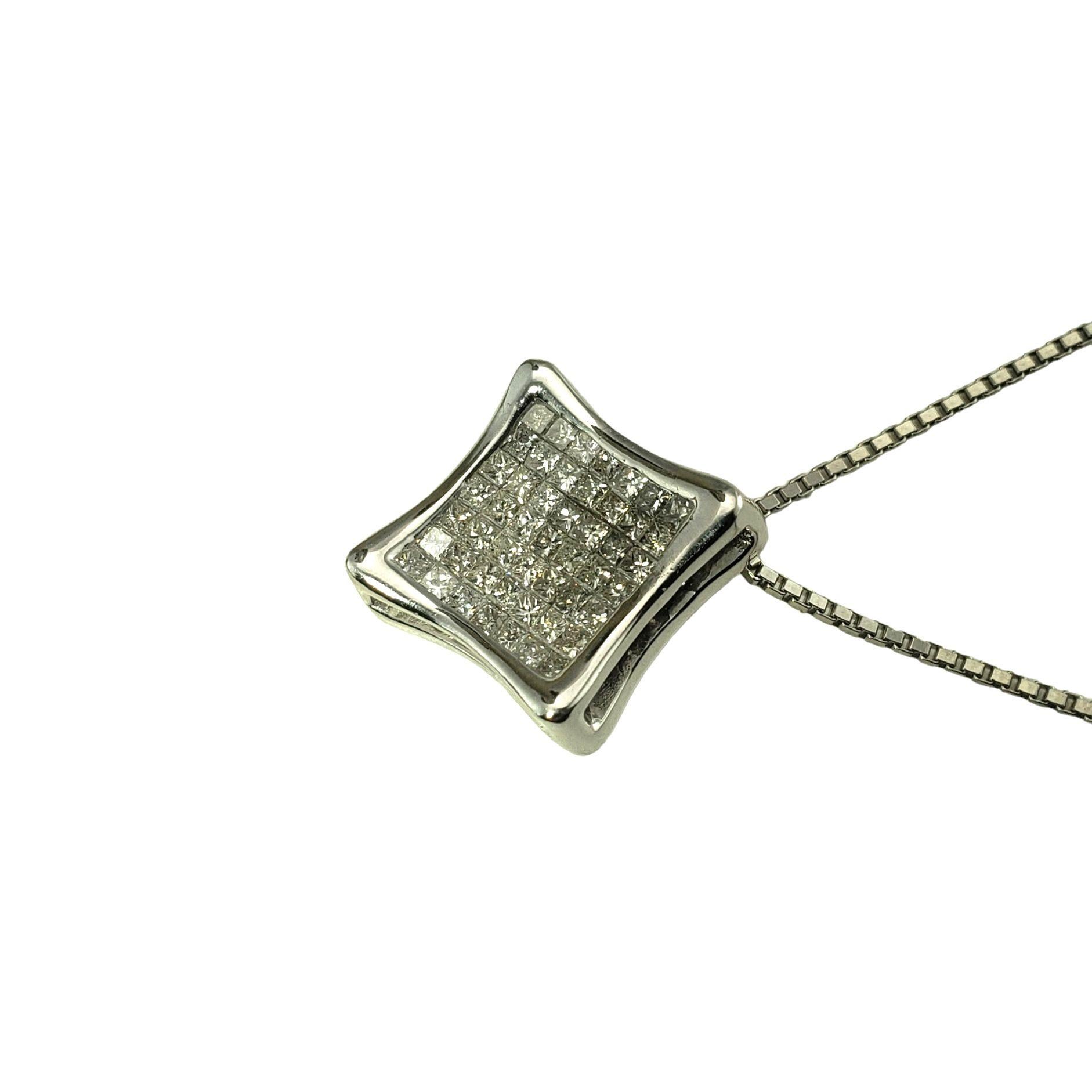 Vintage 14 Karat White Gold Diamond Pendant Necklace-

This sparkling pendant features 49 princess cut diamonds set in classic 14K white gold. Suspends from an elegant box chain necklace.

Approximate total diamond weight: 1.47 ct.

Diamond clarity: