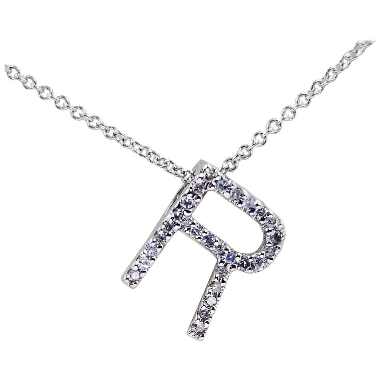 14 Karat White Gold Diamond R Initial Necklace For Sale at 1stDibs
