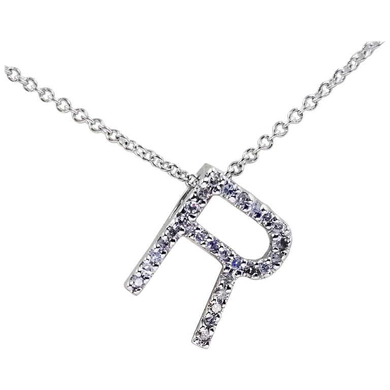 14 Karat White Gold Diamond R Initial Necklace For Sale (Free Shipping