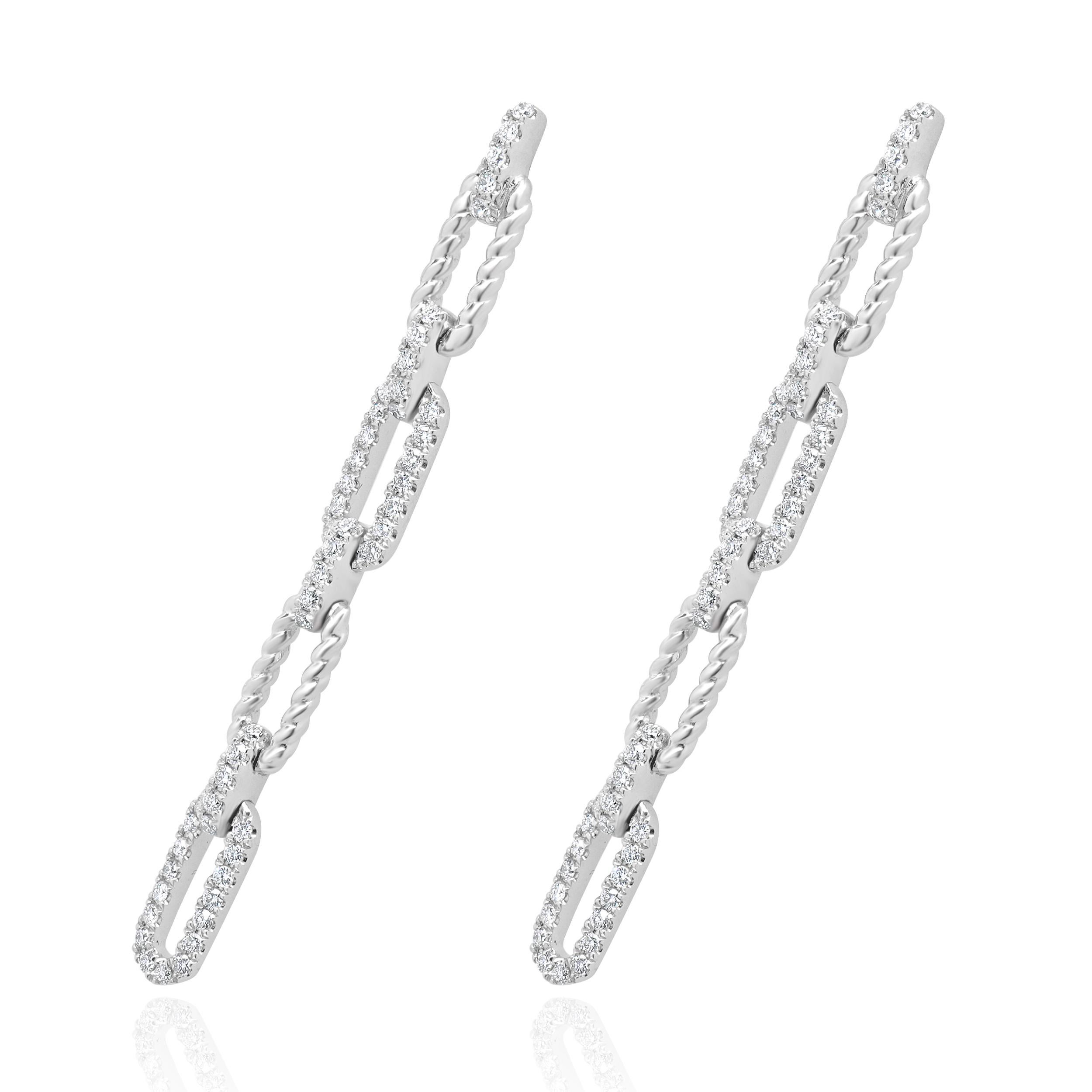 Designer: custom design
Material: 14K white gold
Diamonds: 100 round brilliant cut=0.74cttw
Color: G/H
Clarity: VS-SI1
Dimensions: earrings measure 48mm 
Weight: 5.21 grams
