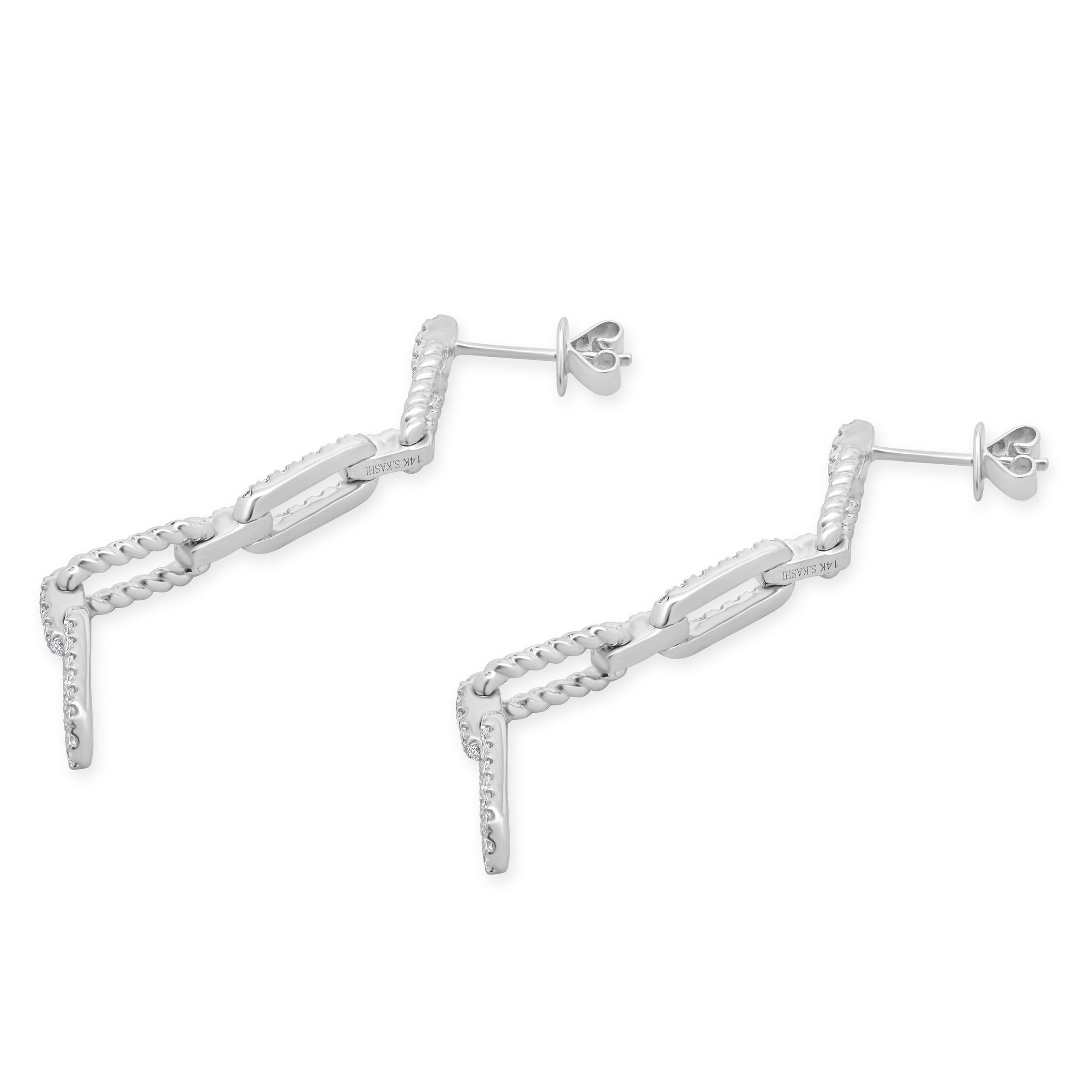 Round Cut 14 Karat White Gold Diamond Rectangle Drop Earrings For Sale