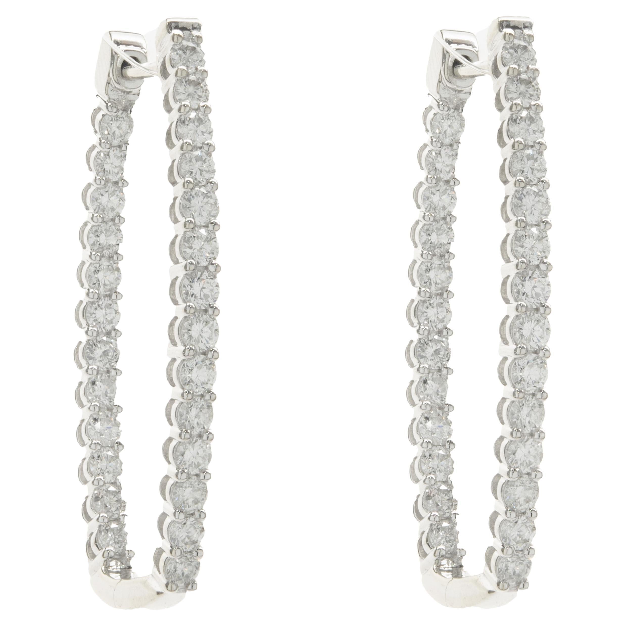 14 Karat White Gold Diamond Rectangular Hoop Earrings For Sale