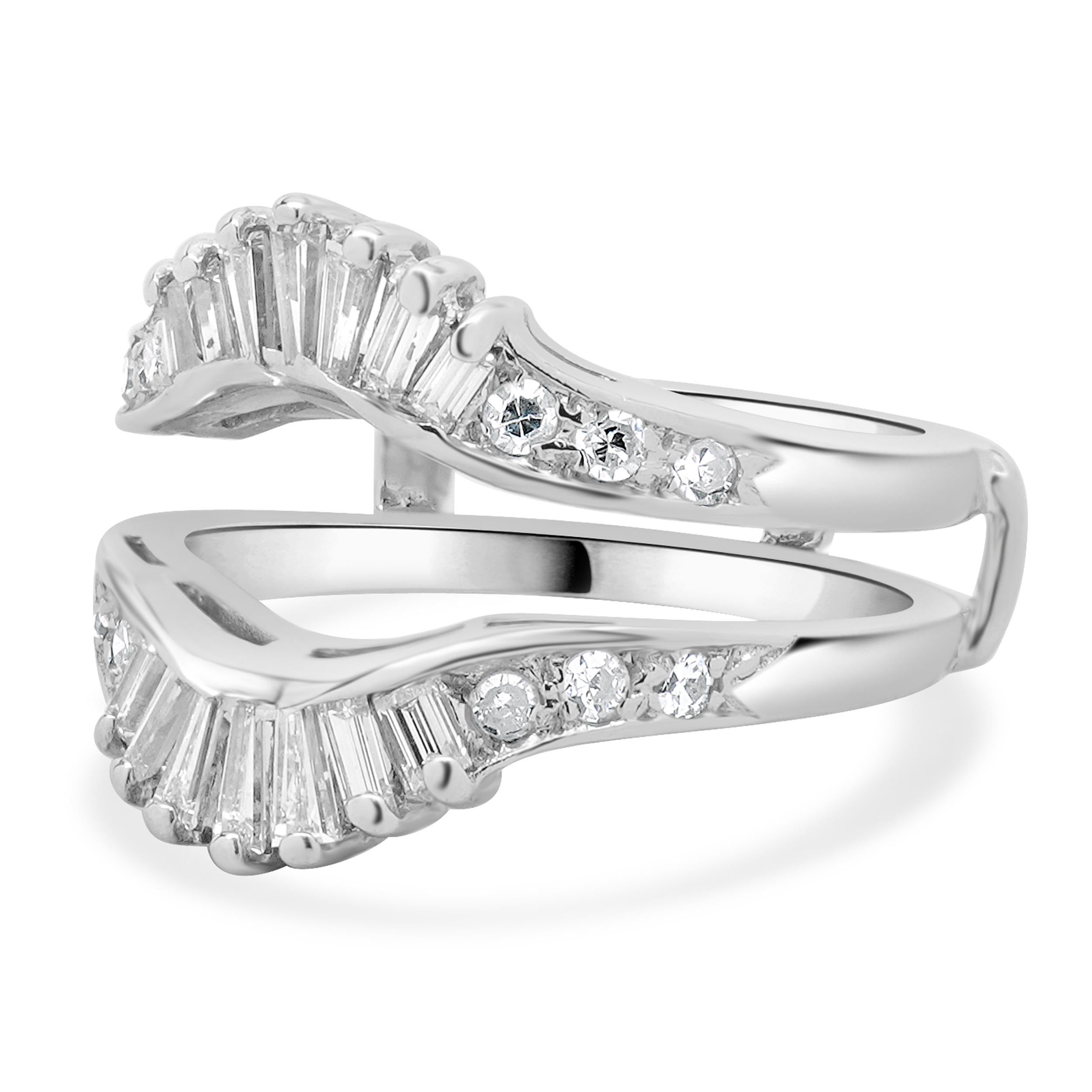 Designer: custom
Material: 14K white gold
Diamond: 26 round and baguette diamonds=0.66cttw
Color: H
Clarity: SI2
Ring size: 6 (please allow two additional shipping days for sizing requests)
Weight: 4.66 grams
