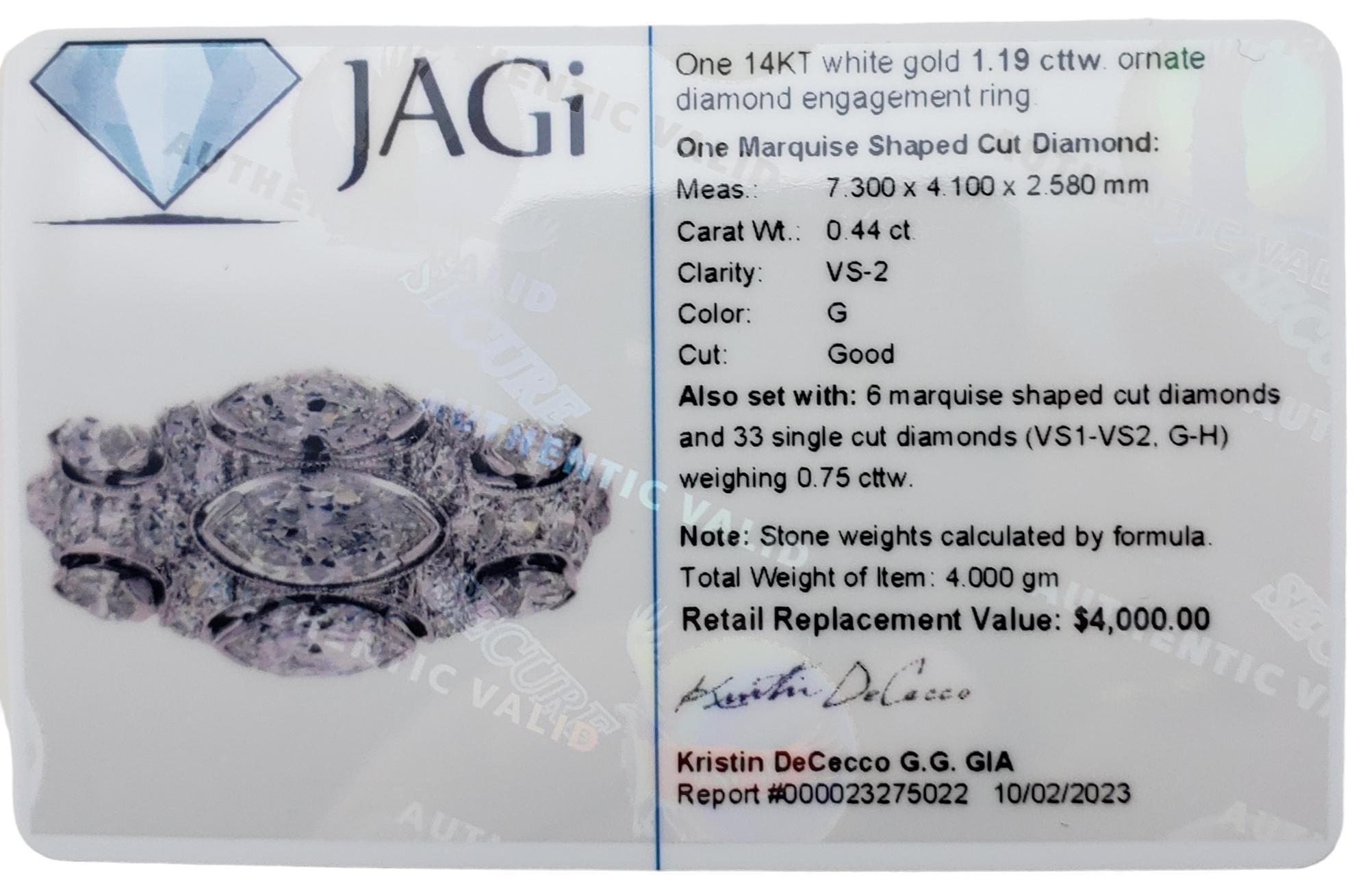 14 Karat White Gold Diamond Ring Size 8 JAGi Certified #21365 For Sale 2