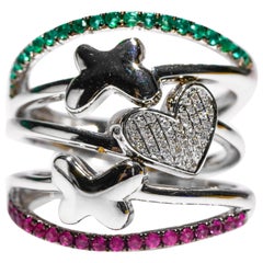 14 Karat White Gold Diamond Ruby Emerald Butterfly Heart Ring