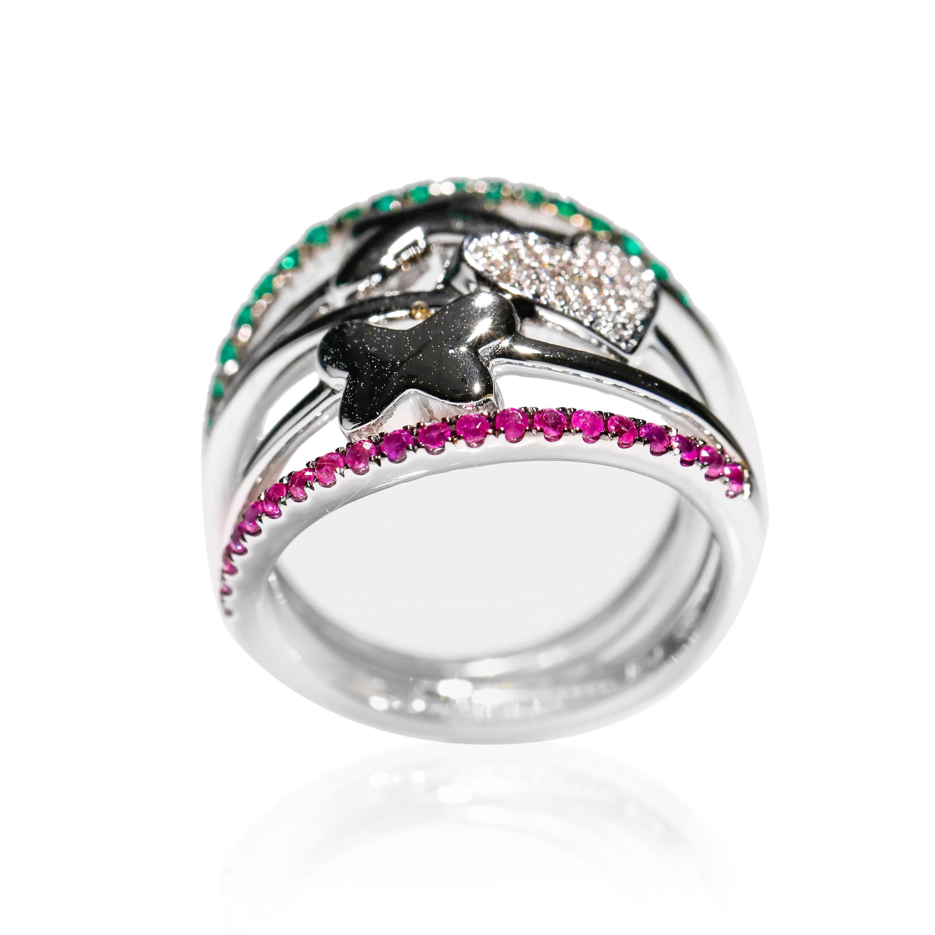 14 Karat White Gold Diamond Ruby Emerald Butterfly Heart Ring Size 5.25

Show off your fashion style with this diamond wrap ring. Fashioned in stunning 14k white Gold, the ring is presenting interlocking rows of shimmering white round diamonds,