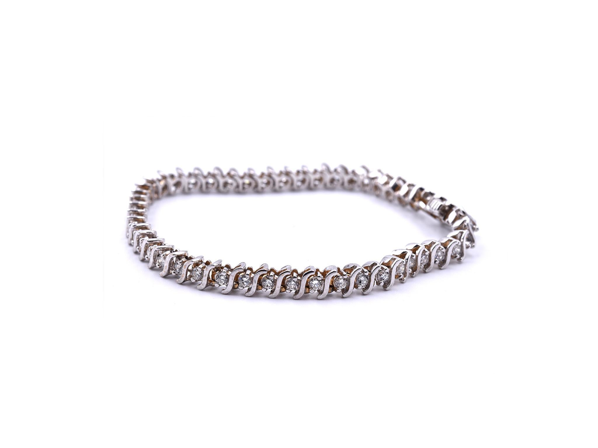 Round Cut 14 Karat White Gold Diamond “S” Link Tennis Bracelet
