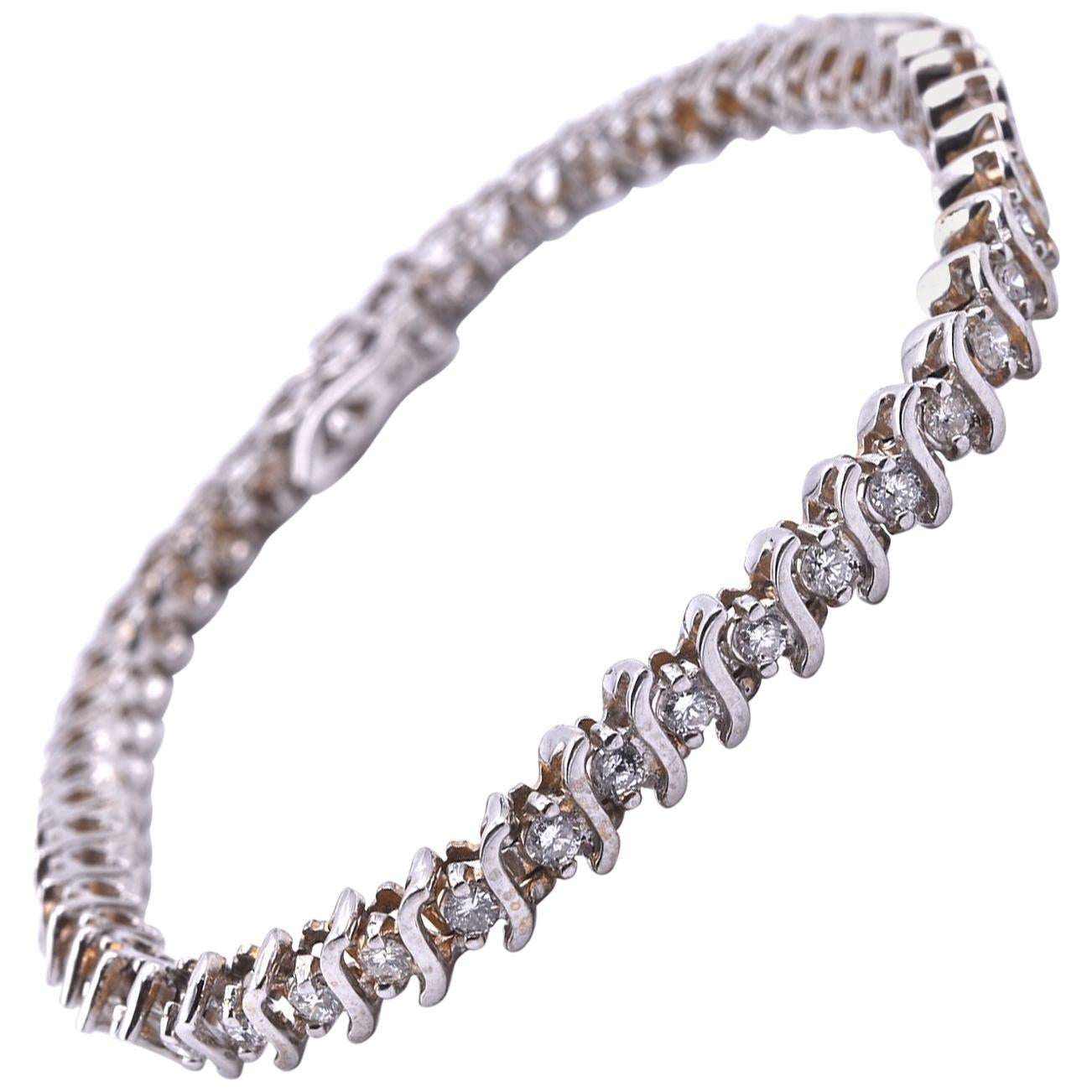 14 Karat White Gold Diamond “S” Link Tennis Bracelet