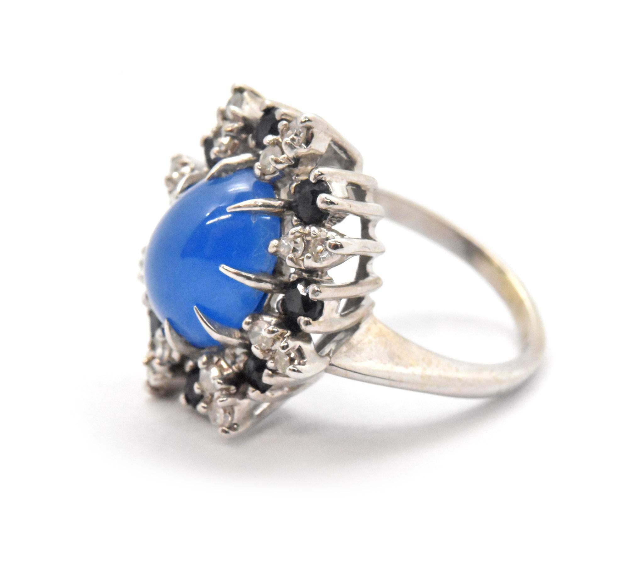 Modern 14 Karat White Gold, Diamond, Sapphire and Blue Cabochon Ring