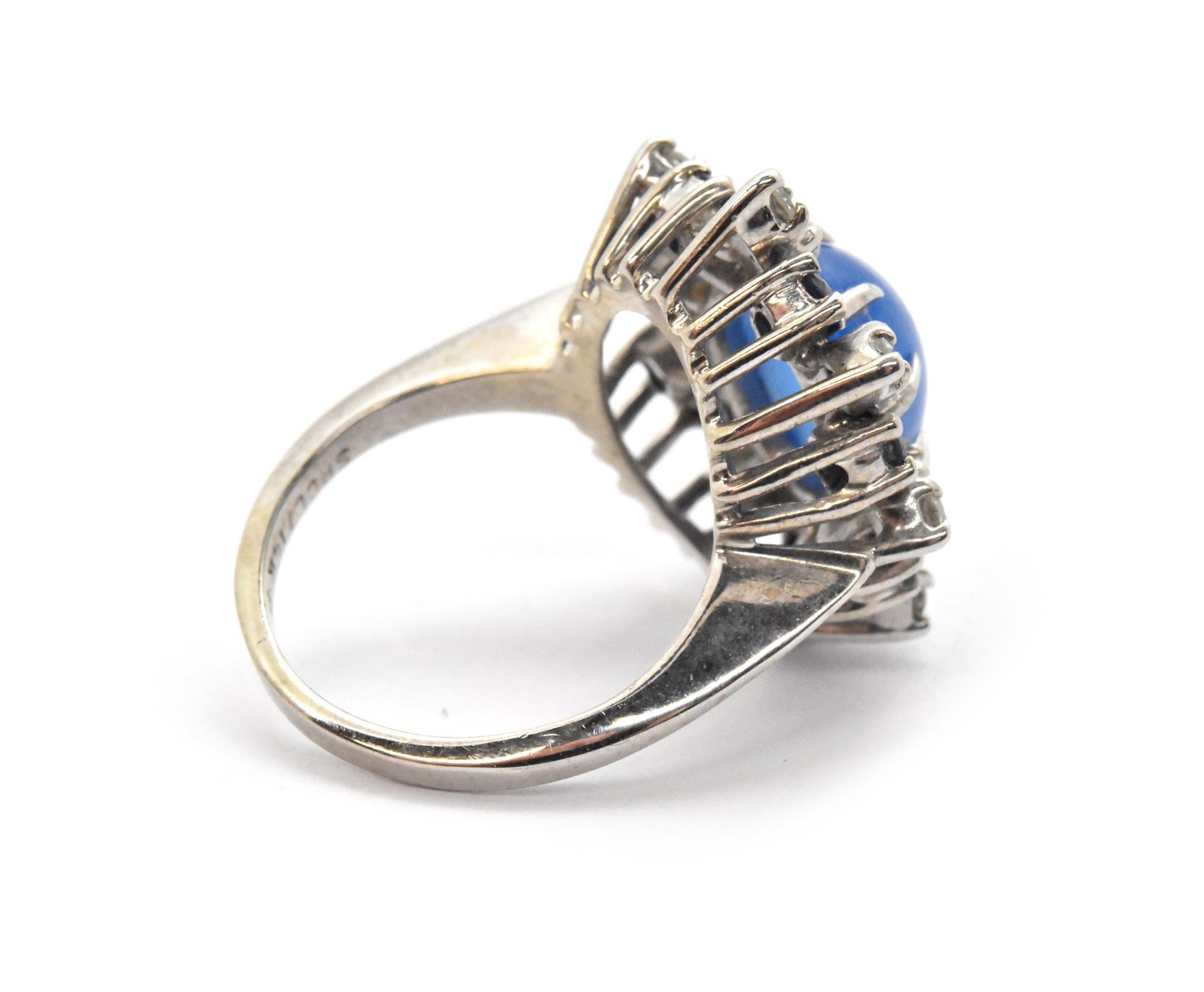 Women's or Men's 14 Karat White Gold, Diamond, Sapphire and Blue Cabochon Ring