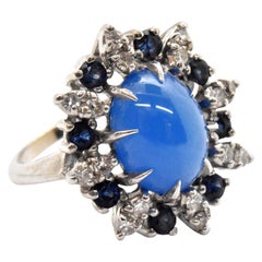 14 Karat White Gold, Diamond, Sapphire and Blue Cabochon Ring