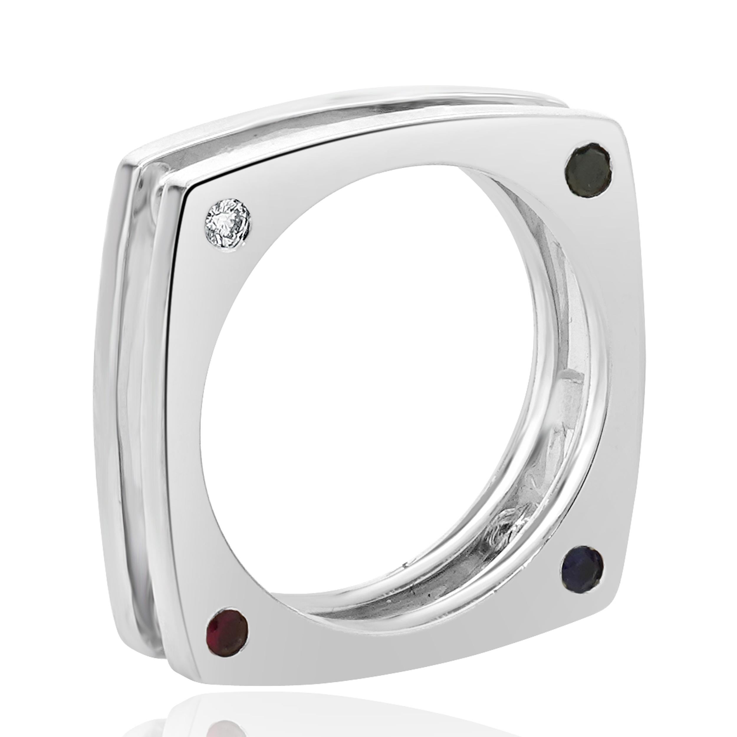 Material: 14k white gold
Diamond: 4 round brilliant cut = 0.06cttw
Color: H
Clarity: SI1
Sapphire: 4 round cut =0.28cttw
Ruby: 2 round cut =0.14cttw
Ring Size: 8.5 (please allow up to 2 additional business days for sizing requests)
Dimensions: ring