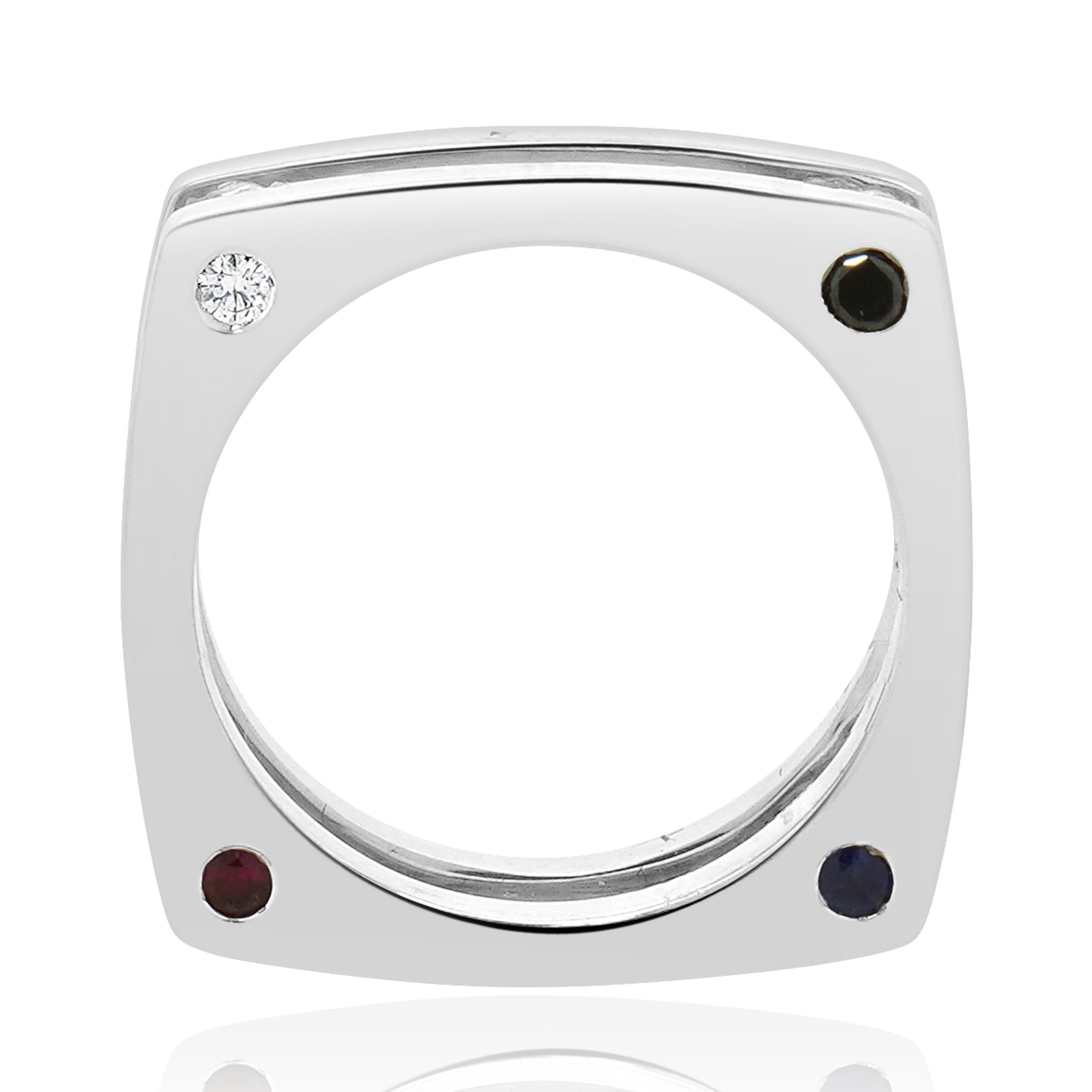 Round Cut 14 Karat White Gold Diamond, Sapphire, and Ruby Square Ring For Sale