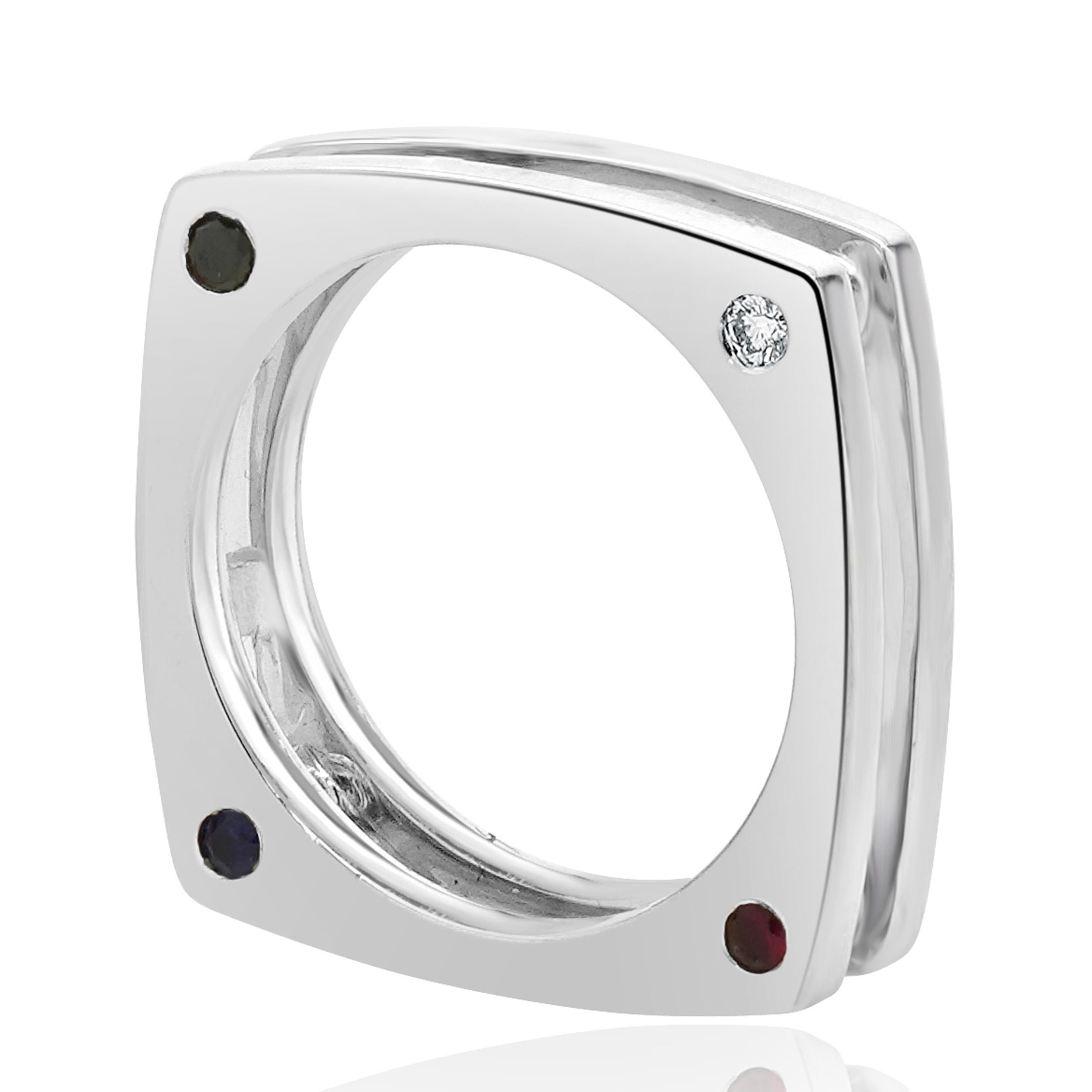 14 Karat White Gold Diamond, Sapphire, and Ruby Square Ring In Excellent Condition For Sale In Scottsdale, AZ