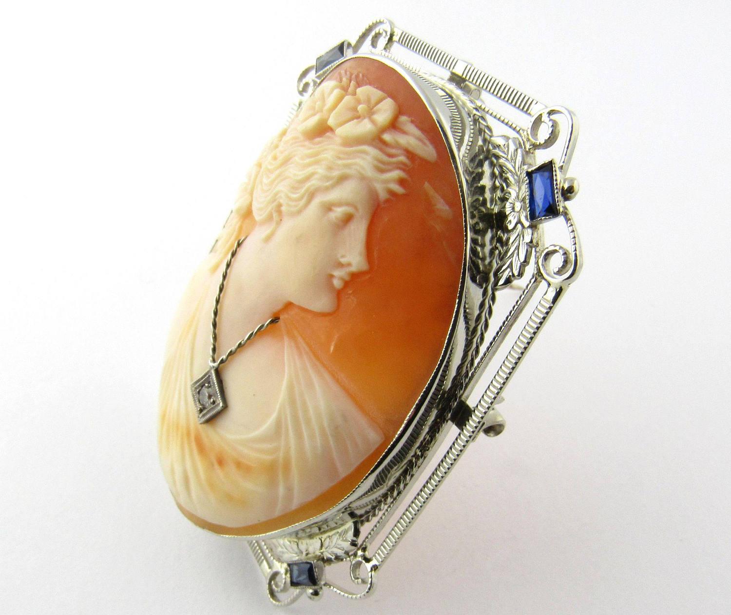 Vintage 14K White Gold Diamond Synthetic Sapphire Cameo Brooch Pendant 

The beautiful pendant depicts a classical female profile with fine carved detail. 

The pendant measures approx. 38 mm x 9 mm x 48 mm. 

1 single cut diamond, I(1), I approx