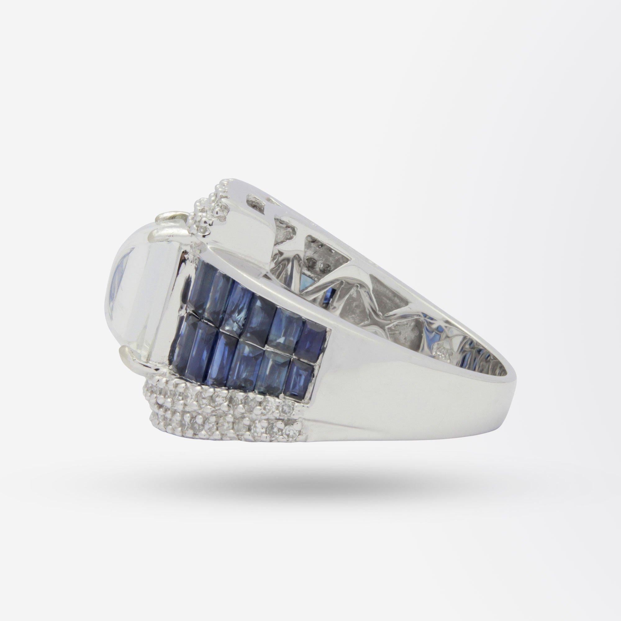 Modern 14 Karat White Gold, Diamond, Sapphire & Moonstone Cocktail Ring