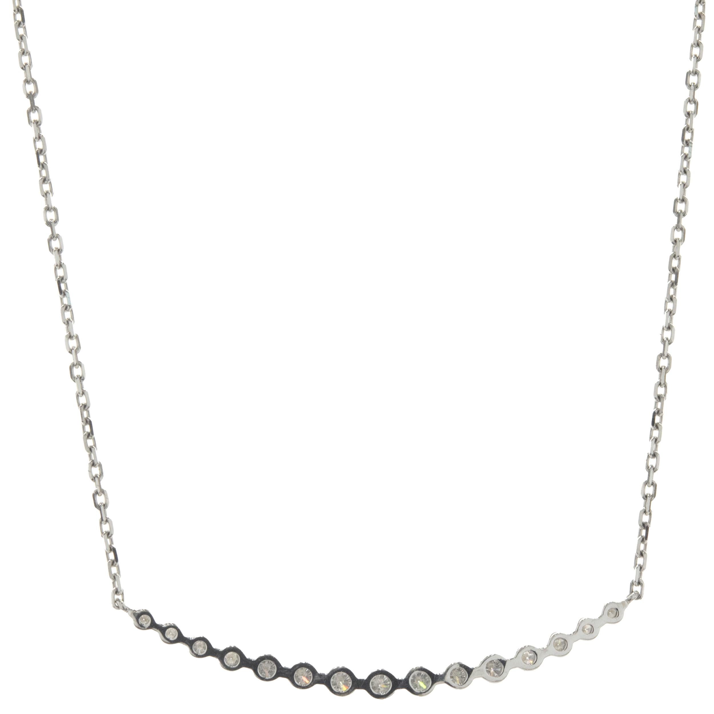 Designer: custom design
Material: 14K white gold
Diamond: round brilliant cut = 0.87cttw
Color: G
Clarity: SI1
Dimensions: necklace measures 18-inches in length 
Weight: 3.96 grams