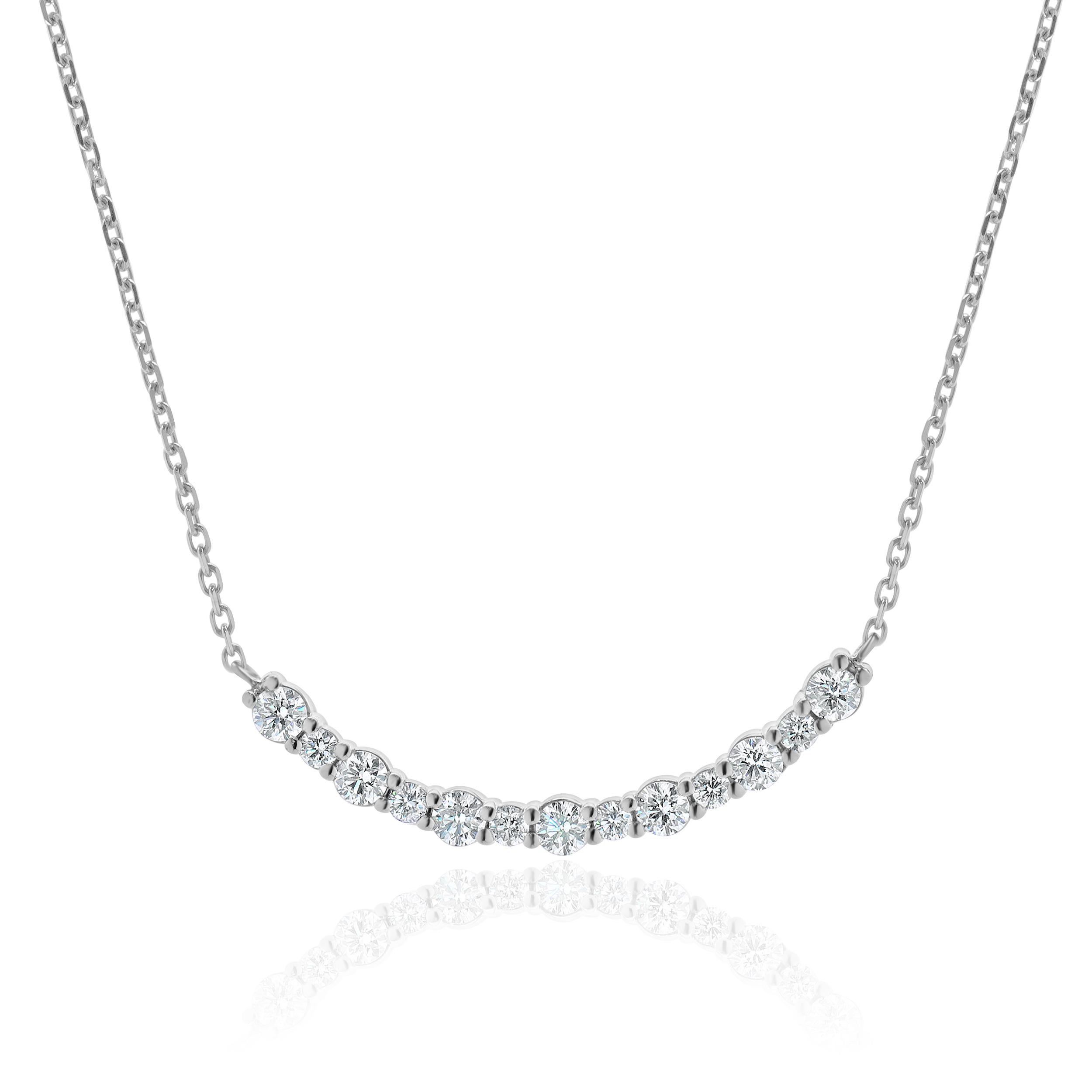 Designer: custom
Material: 14K white gold
Diamonds: 13 round brilliant cut = 1.15cttw
Color: I
Clarity: SI1
Dimensions: necklace measures 18-inches in length 
Weight: 4.42 grams
