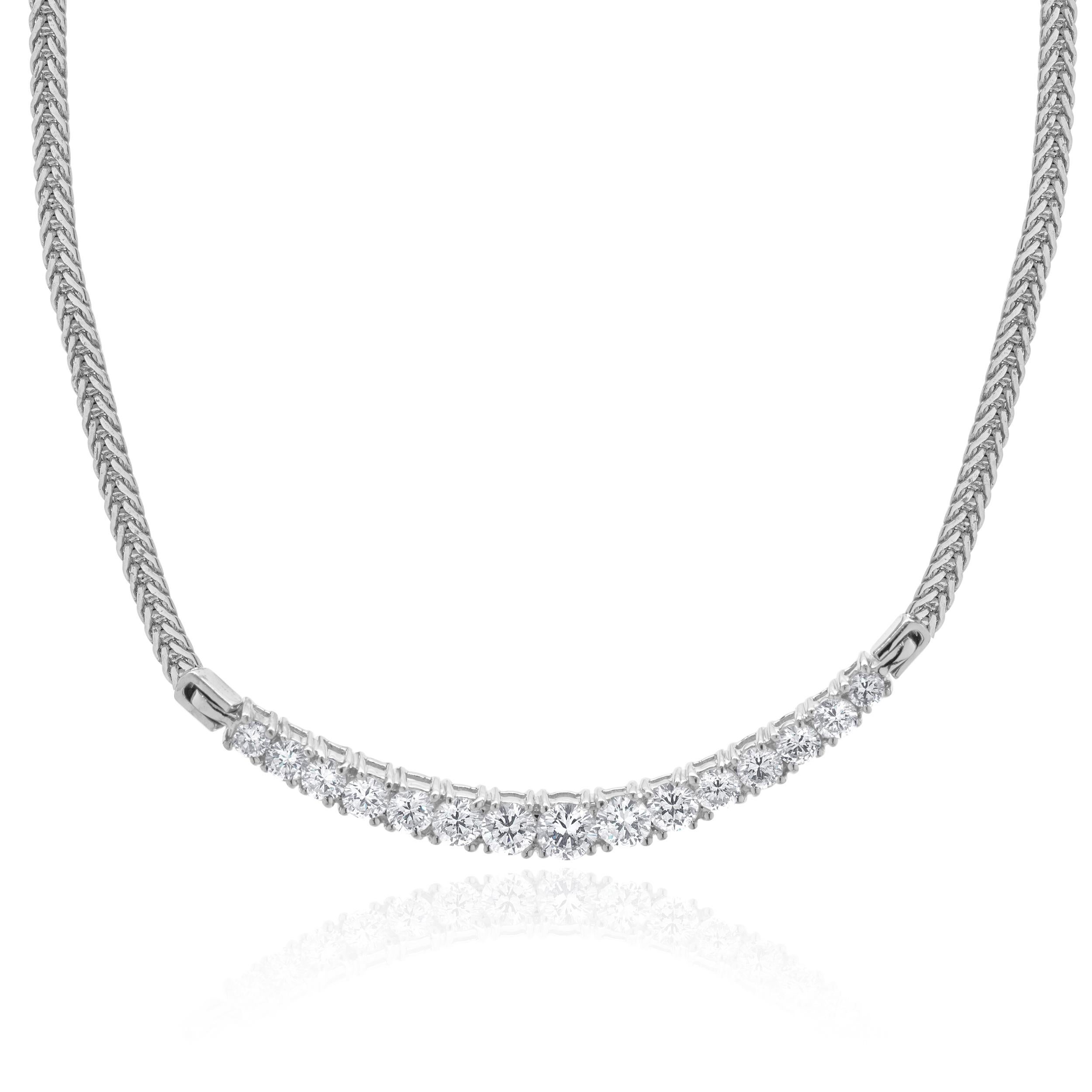 Designer: custom
Material: 14K white gold
Diamonds: 13 round brilliant cut = 1.33cttw
Color: H
Clarity: SI2
Dimensions: necklace measures 14-inches in length
Weight: 11.98 grams
