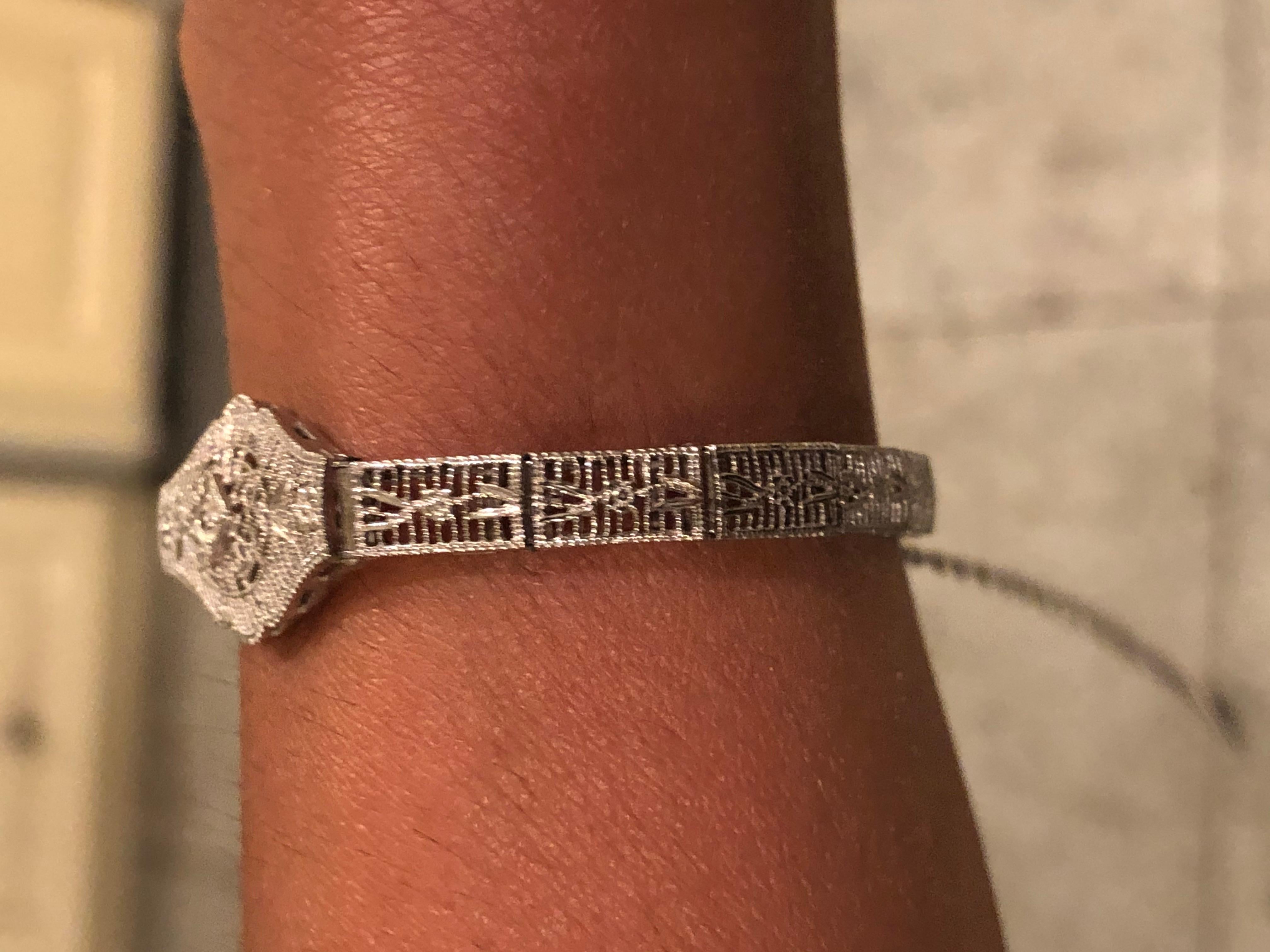 14 Karat White Gold Diamond Solitaire Bracelet Filigree Design For Sale 4