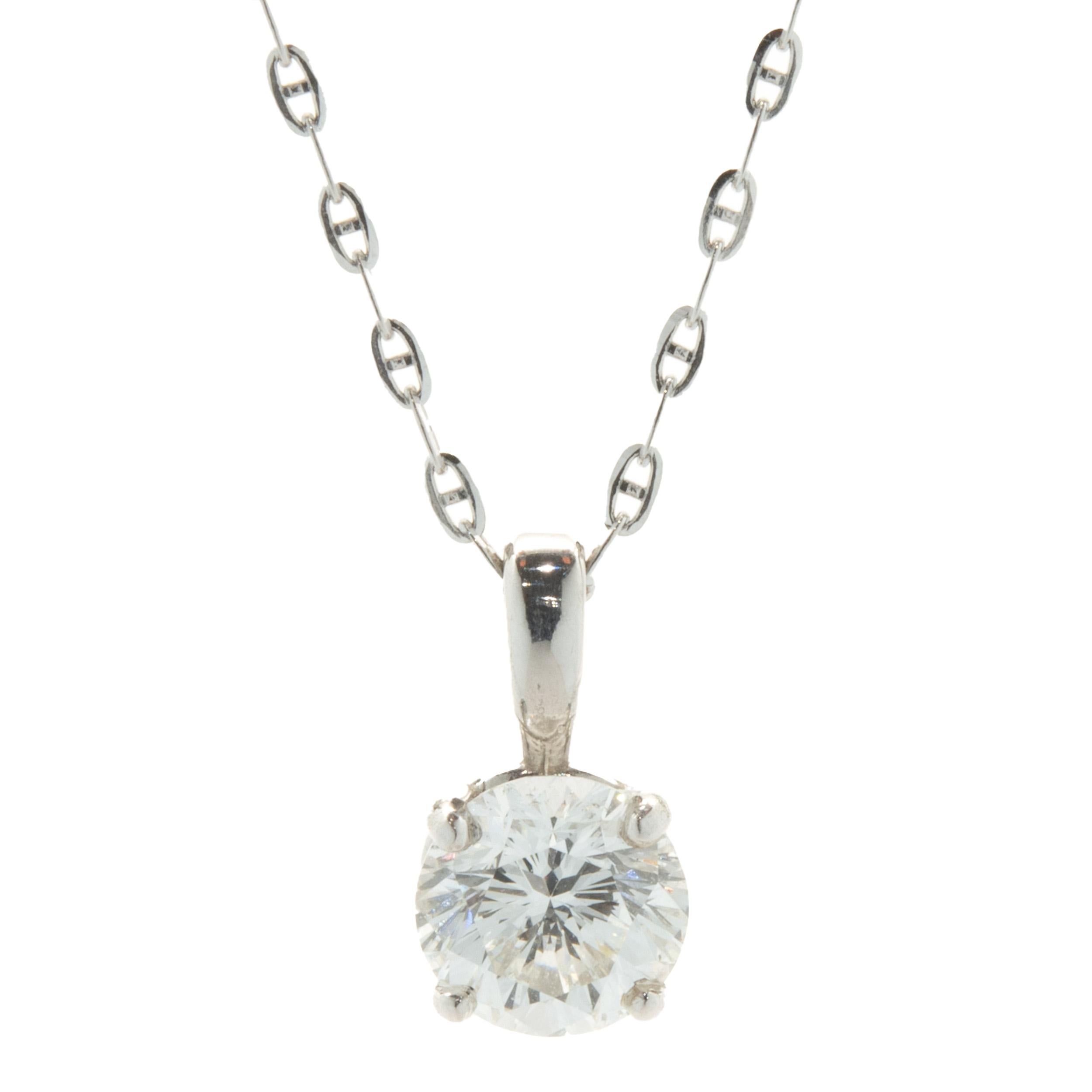 Designer: custom design
Material: 14K white gold
Diamond: 1 round brilliant cut = 0.70cttw
Color: G
Clarity: SI2
Dimensions: necklace measures 18-inches in length 
Weight: 1.03 grams
