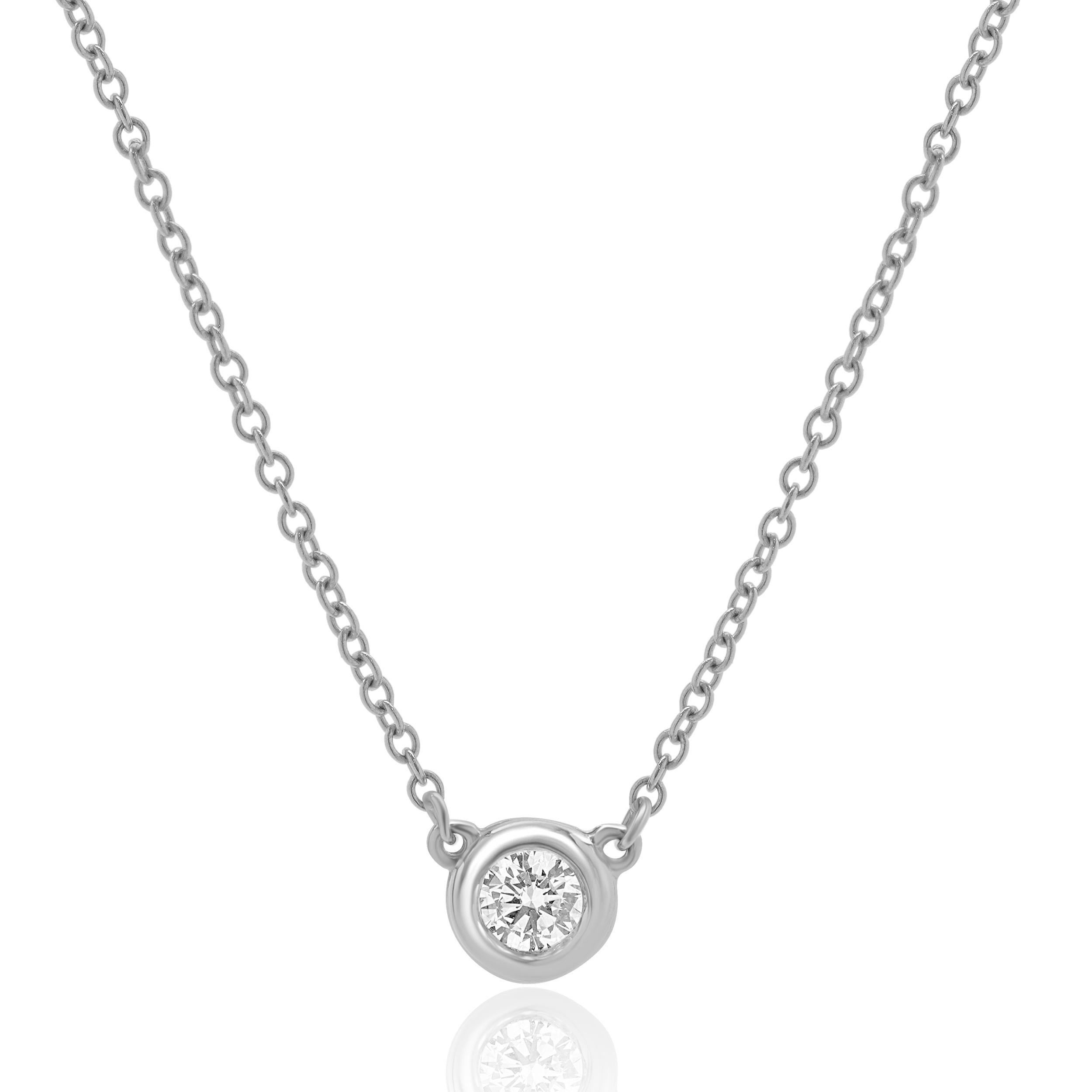 Designer: custom
Material: 14K white gold
Diamonds: 1 round brilliant = 0.20cttw
Color: I
Clarity:SI1
Dimensions: necklace measures 18-inches in length 
Weight: 2.27 grams

