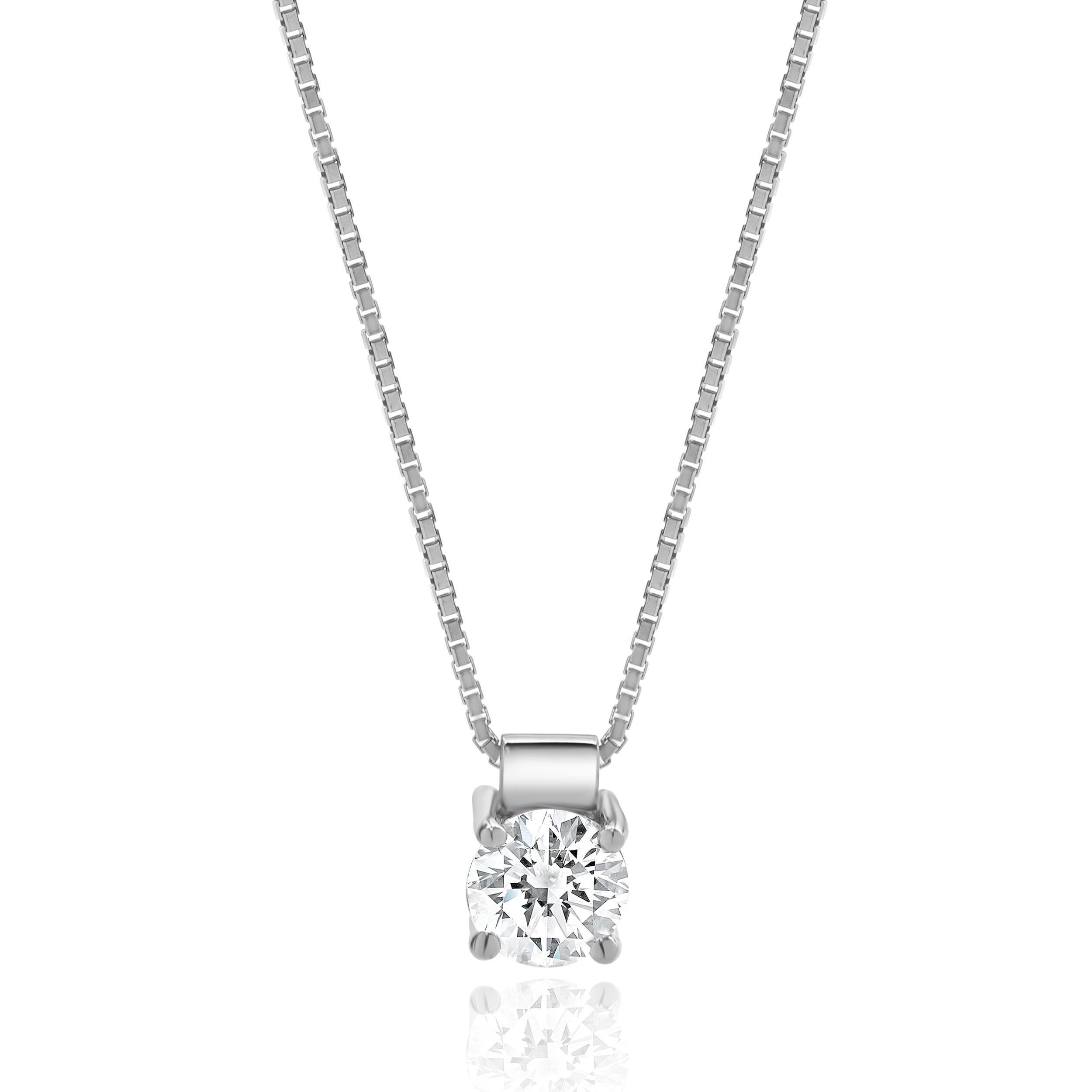 Designer: personalizzato
Materiale: oro bianco 14 carati
Diamanti: taglio brillante rotondo = 1,04ct
Colore: H
Chiarezza: SI1
Dimensioni: la collana misura 15 pollici di lunghezza
Peso: 3.98 grammi