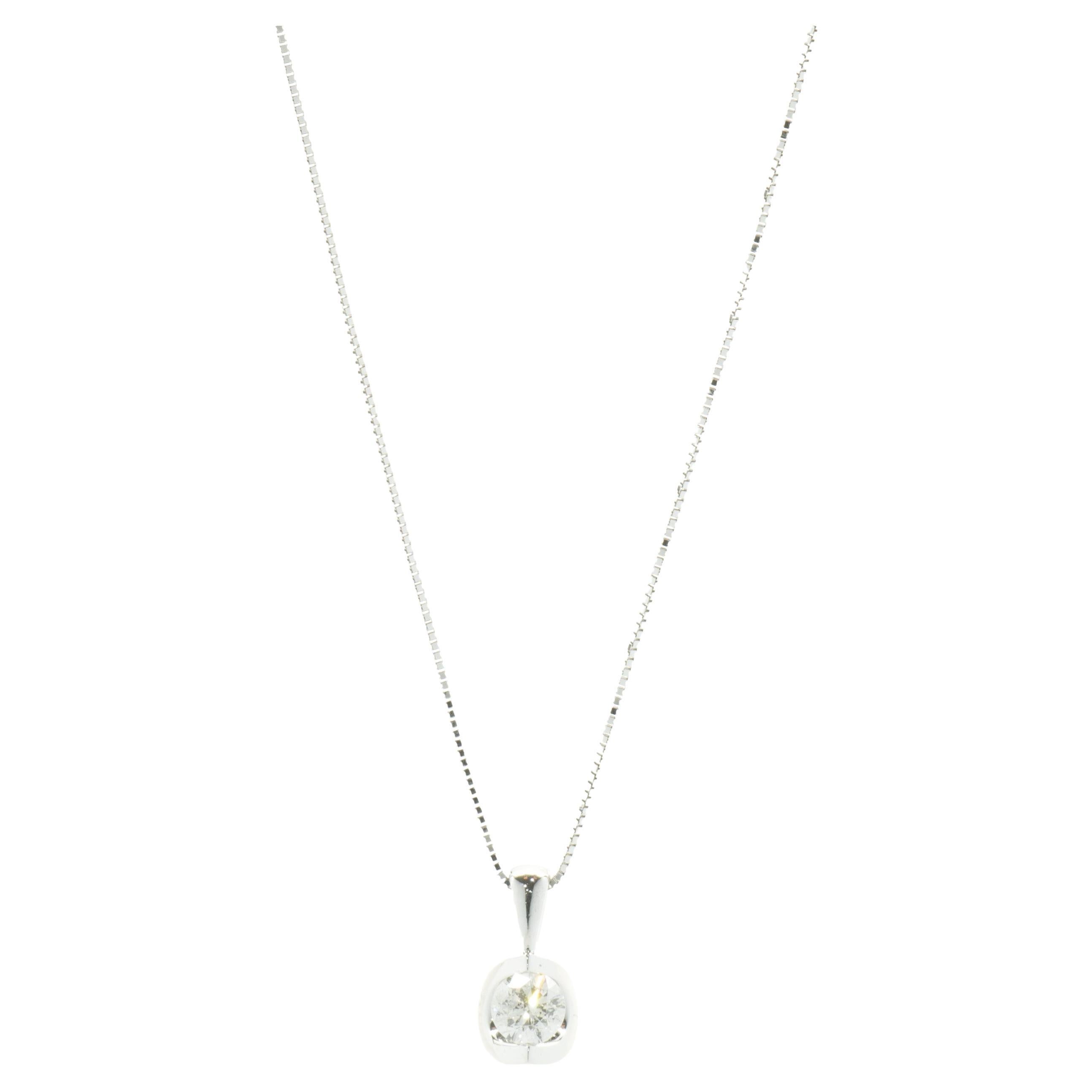 14 Karat White Gold Diamond Solitaire Necklace For Sale