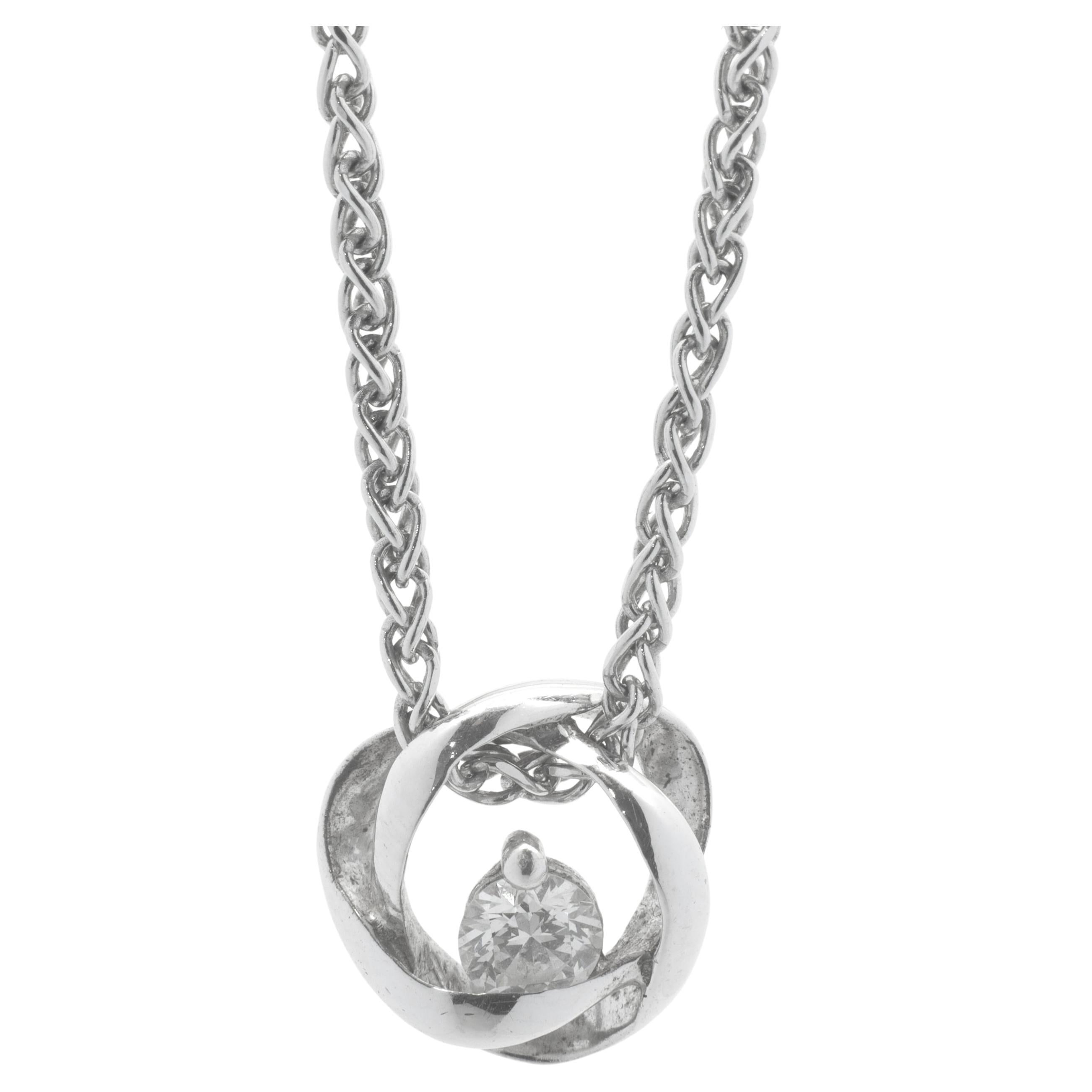 14 Karat White Gold Diamond Solitaire Swirl Necklace For Sale