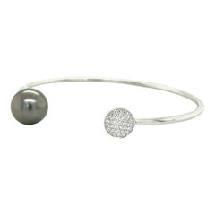 14 Karat White Gold Diamond South Sea Pearl Open Bangle 0.13 Carats