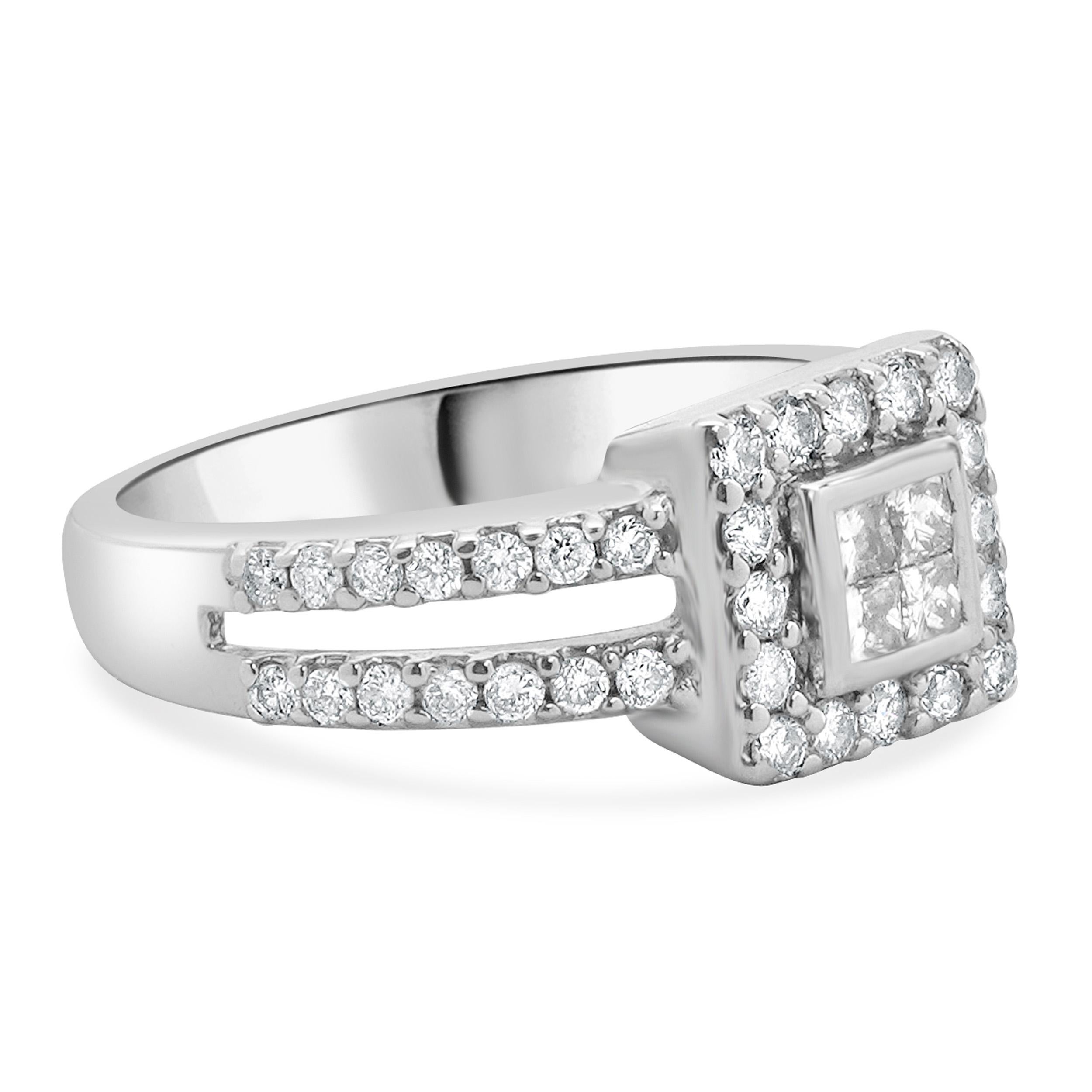 Princess Cut 14 Karat White Gold Diamond Square Halo Split Shank Engagement Ring For Sale