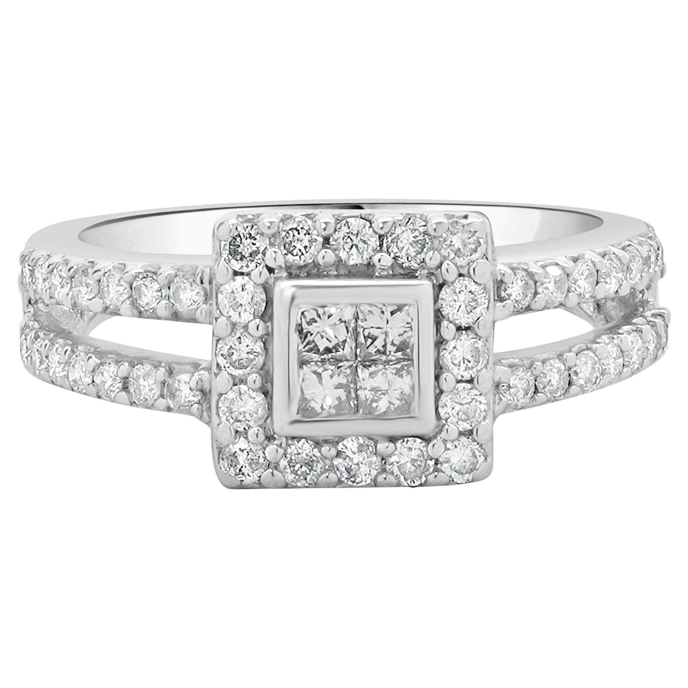 14 Karat White Gold Diamond Square Halo Split Shank Engagement Ring