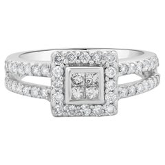 14 Karat White Gold Diamond Square Halo Split Shank Engagement Ring