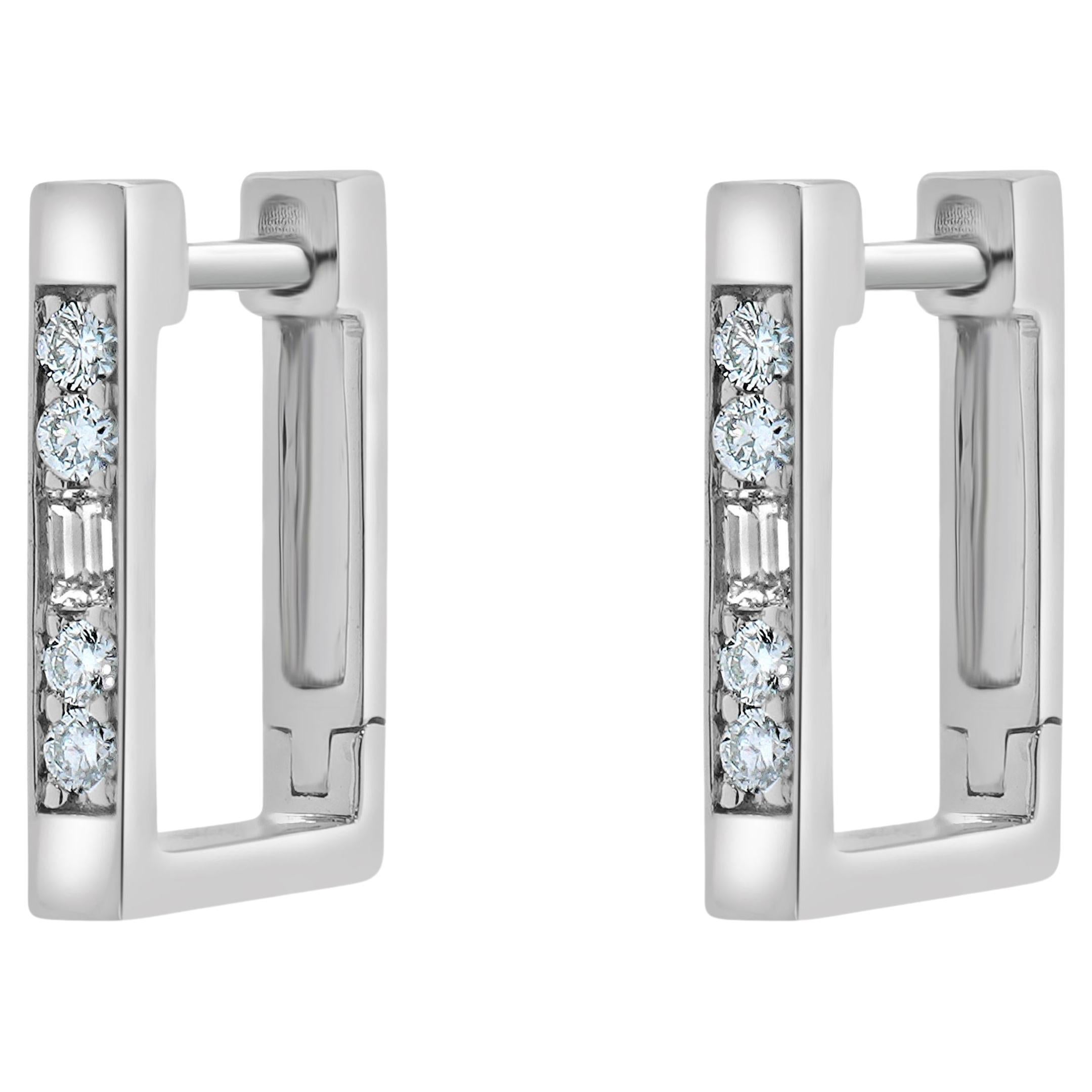 14 Karat White Gold Diamond Square Hoop Earrings