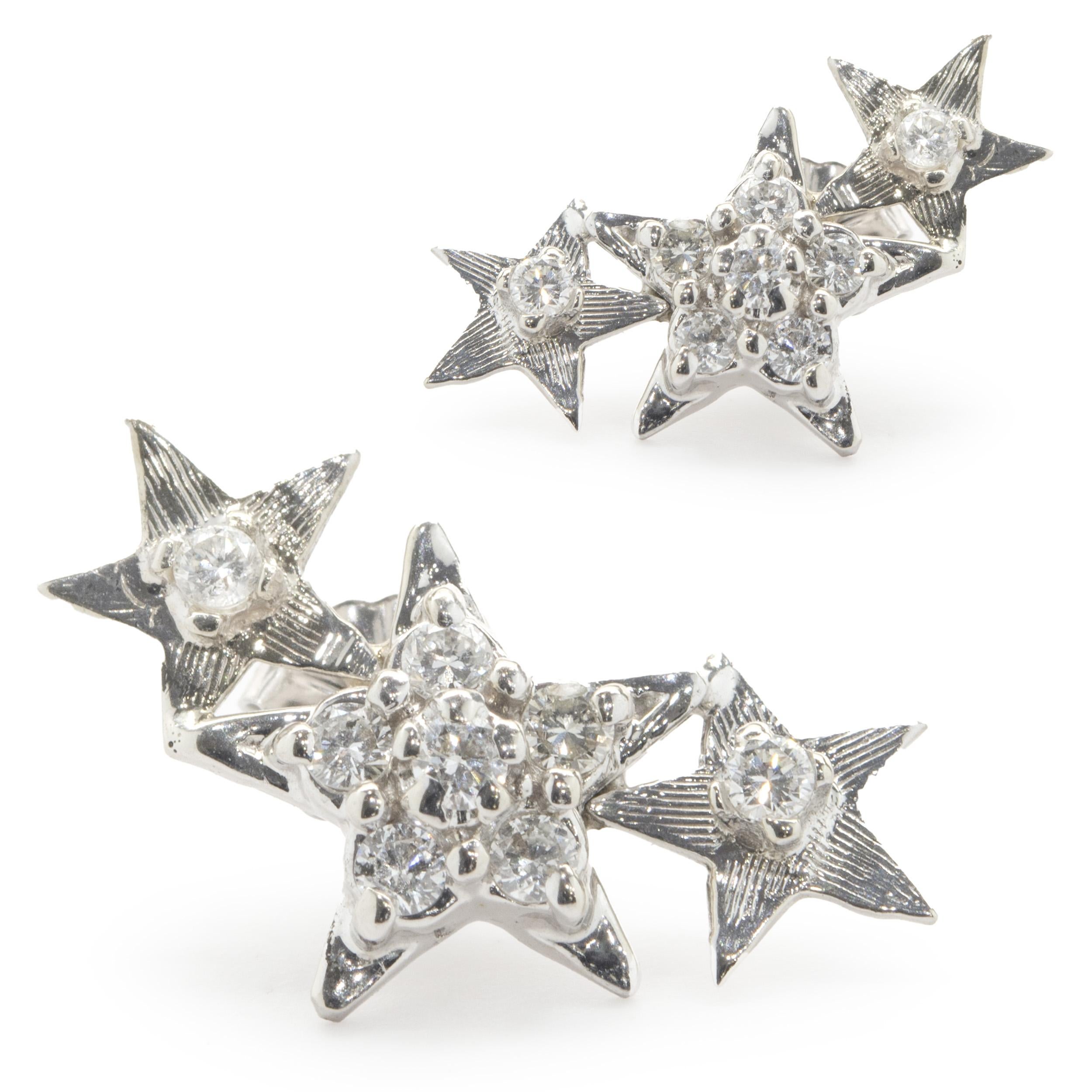 Round Cut 14 Karat White Gold Diamond Star Drop Earrings For Sale