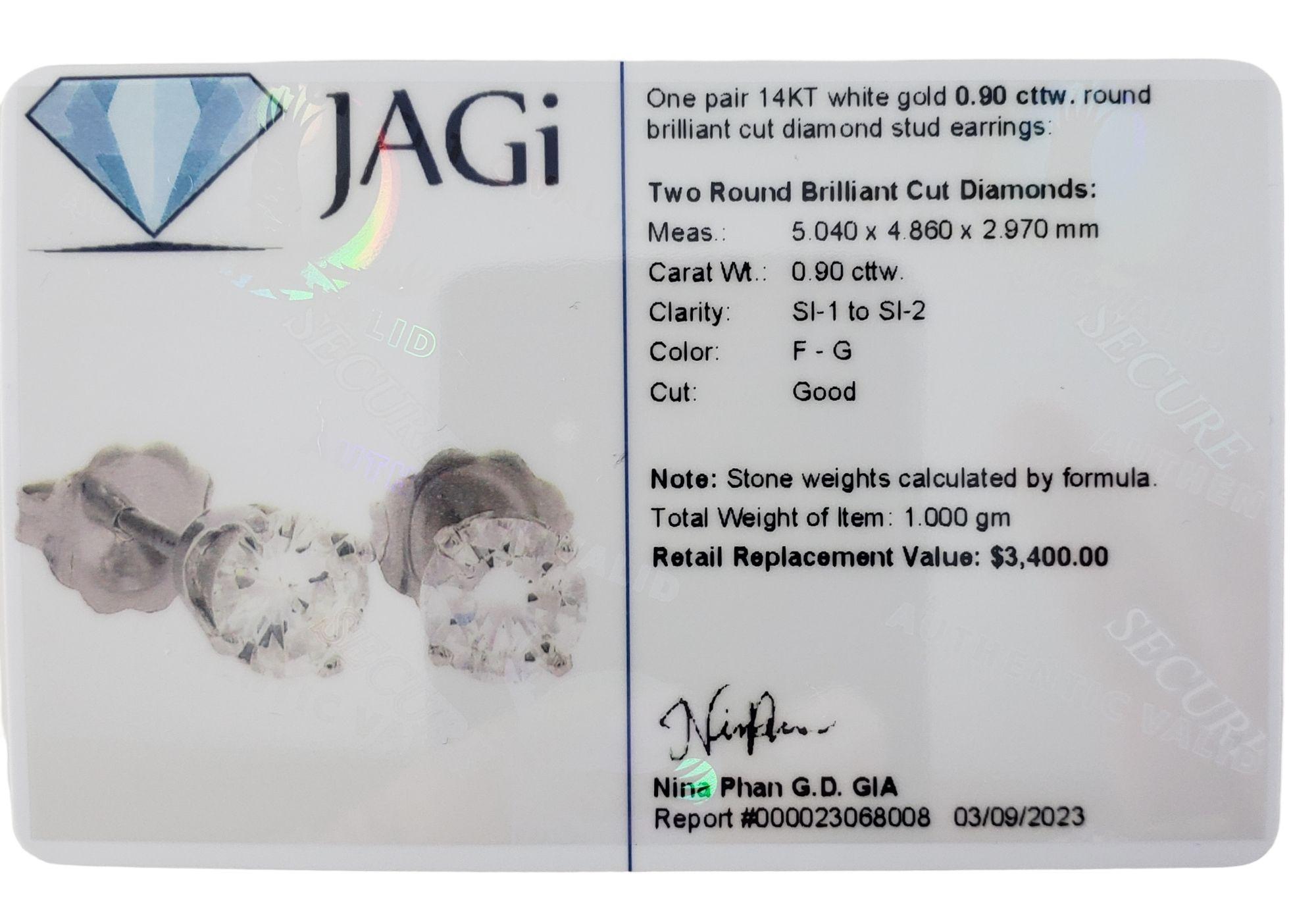 14 Karat White Gold Diamond Stud Earrings .90 TCW. #14047 1