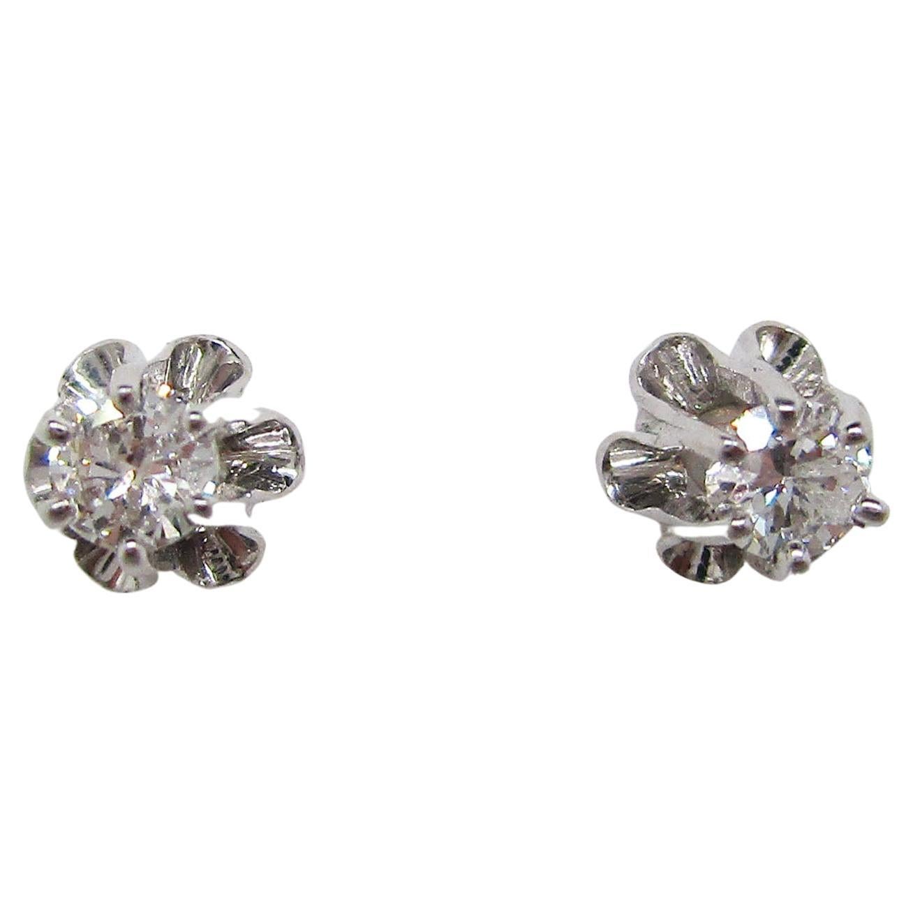 14 Karat White Gold Diamond Stud Earrings Buttercup Setting For Sale