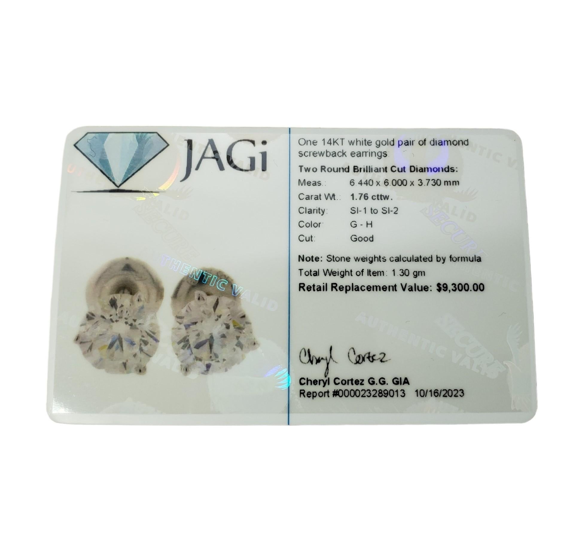 14 Karat White Gold Diamond Stud Earrings #15811 For Sale 3