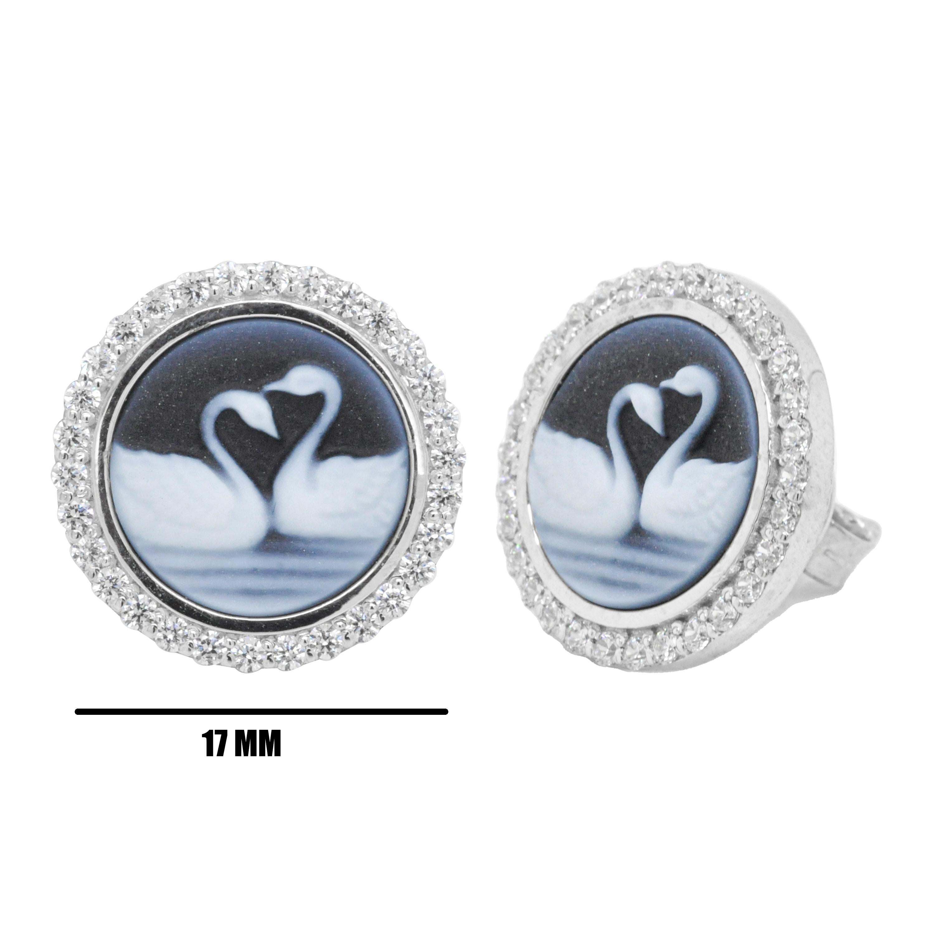 Contemporary 14 Karat White Gold Diamond Swan Couple Agate Cameo Studs Earrings For Sale
