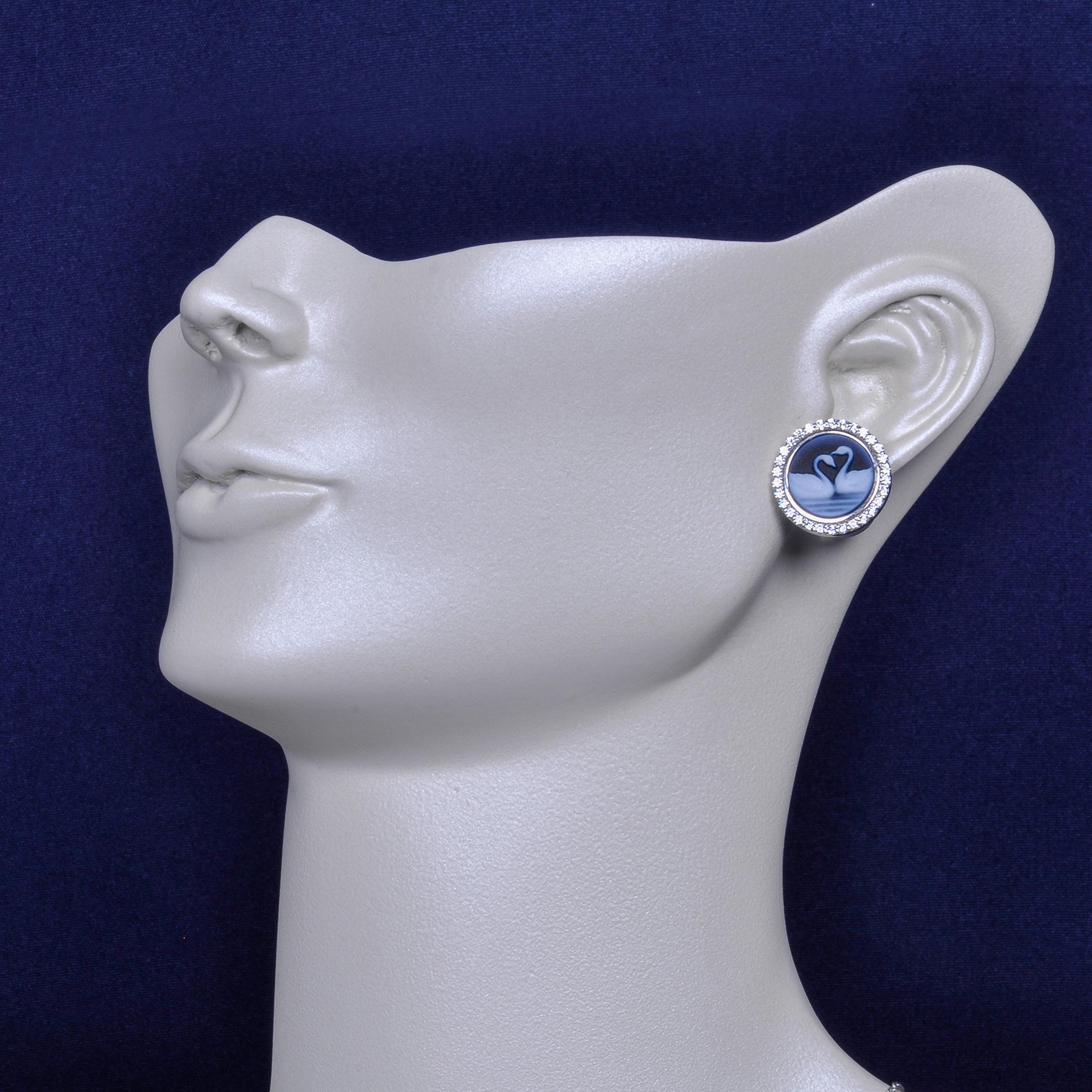 Mixed Cut 14 Karat White Gold Diamond Swan Couple Agate Cameo Studs Earrings For Sale