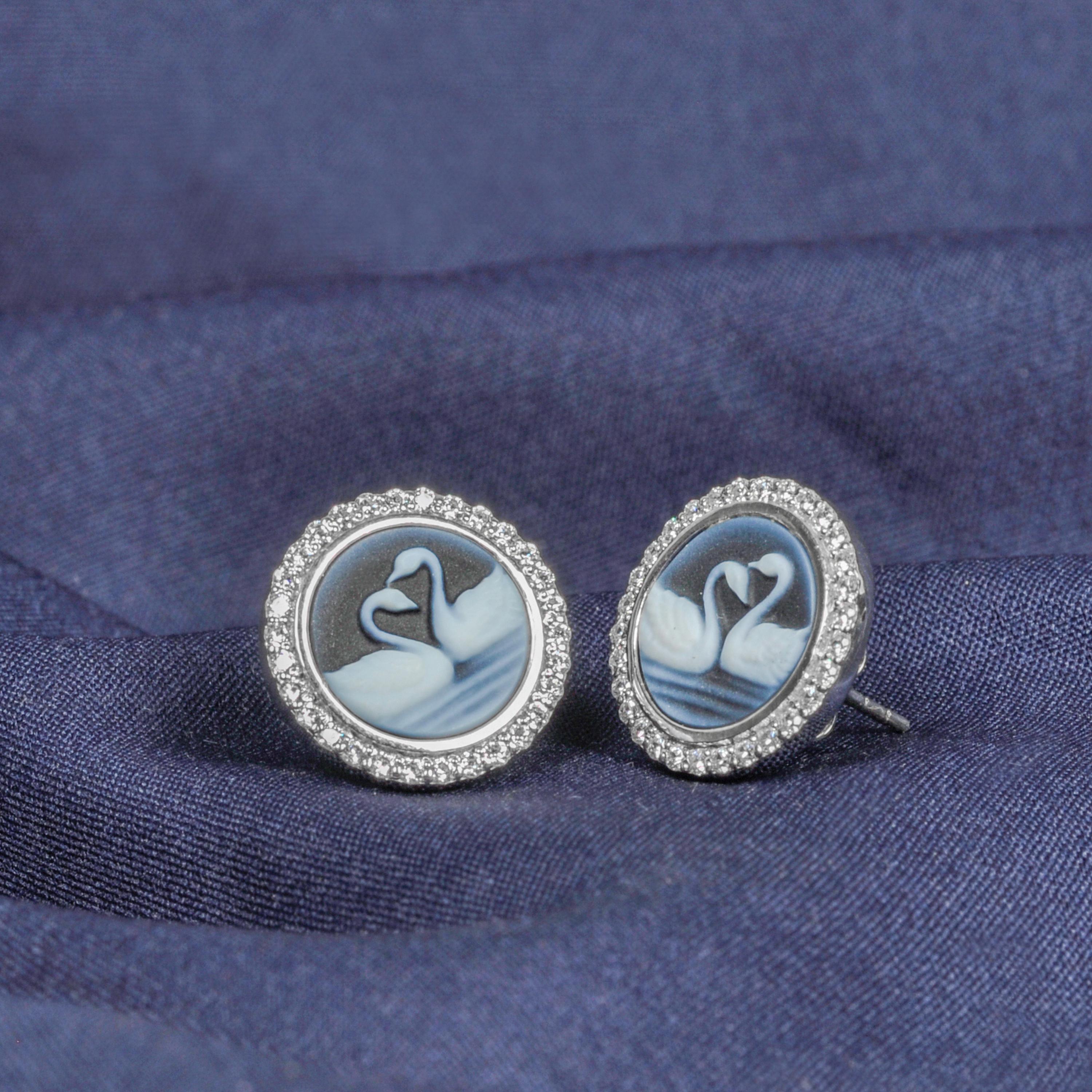 14 Karat White Gold Diamond Swan Couple Agate Cameo Studs Earrings For Sale 3