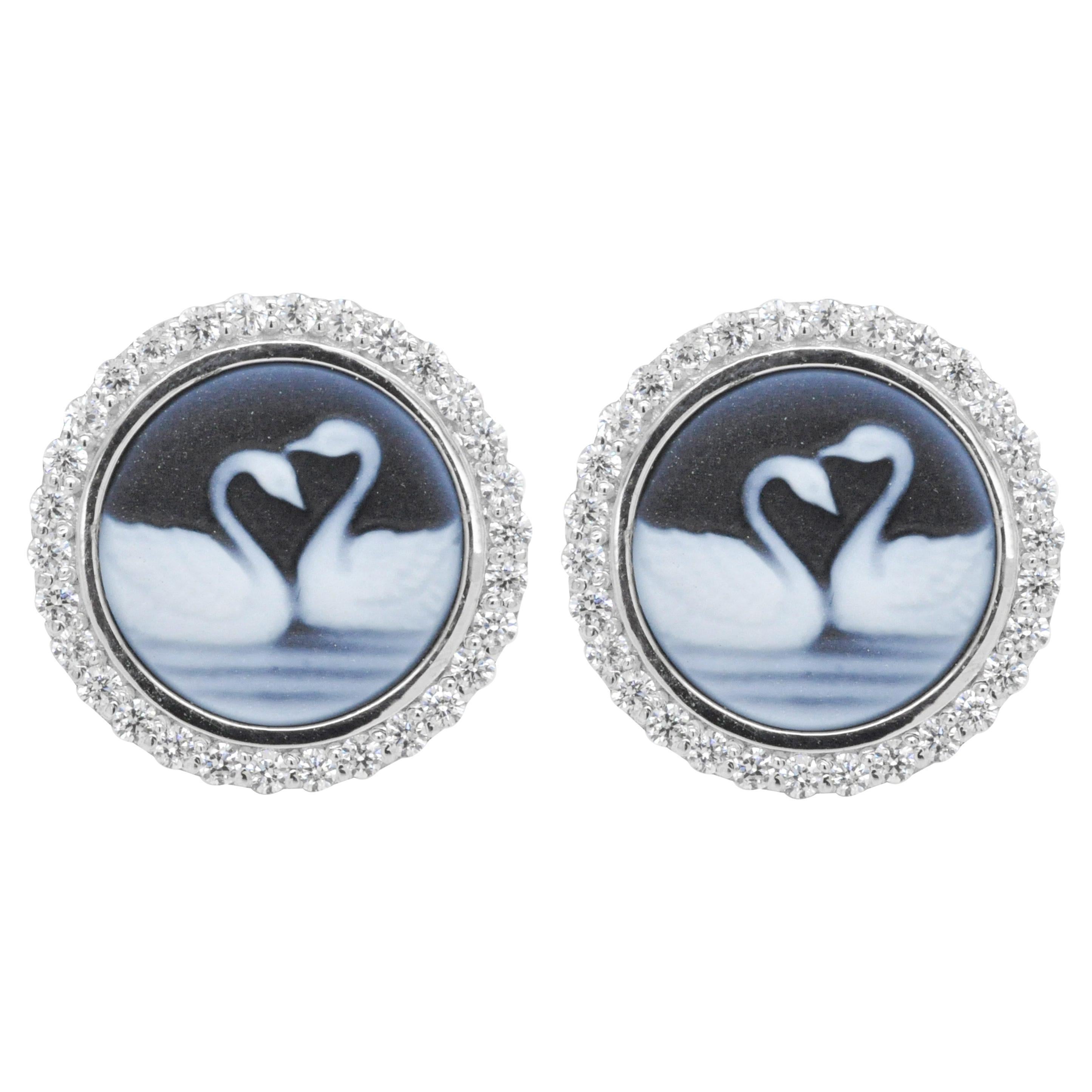 14 Karat White Gold Diamond Swan Couple Agate Cameo Studs Earrings For Sale