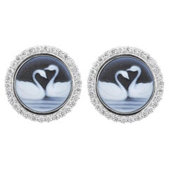 Pendientes Camafeo Pareja Cisne Ágata Diamante Oro Blanco 14 Kilates