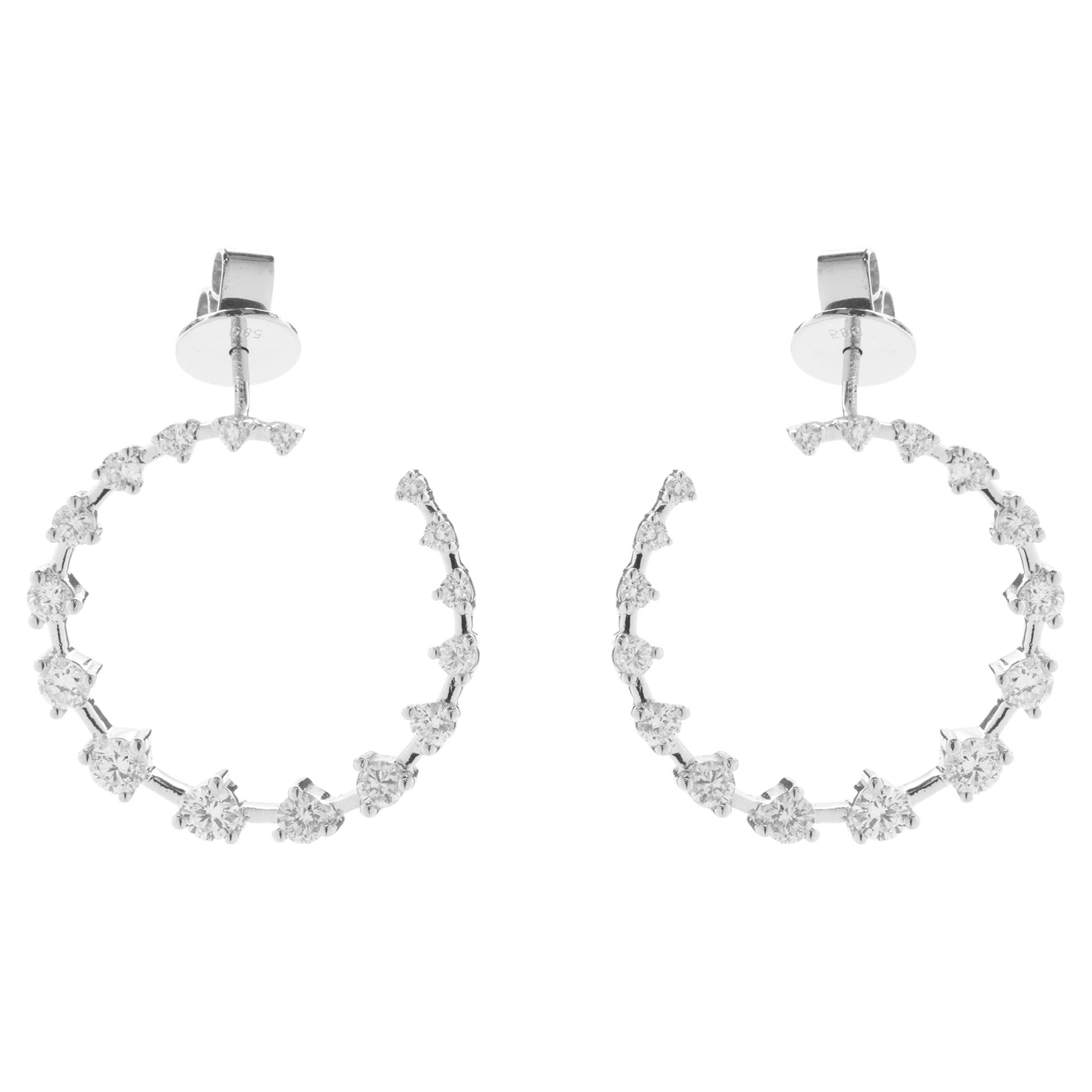14 Karat White Gold Diamond Swoop Hoop Earrings For Sale