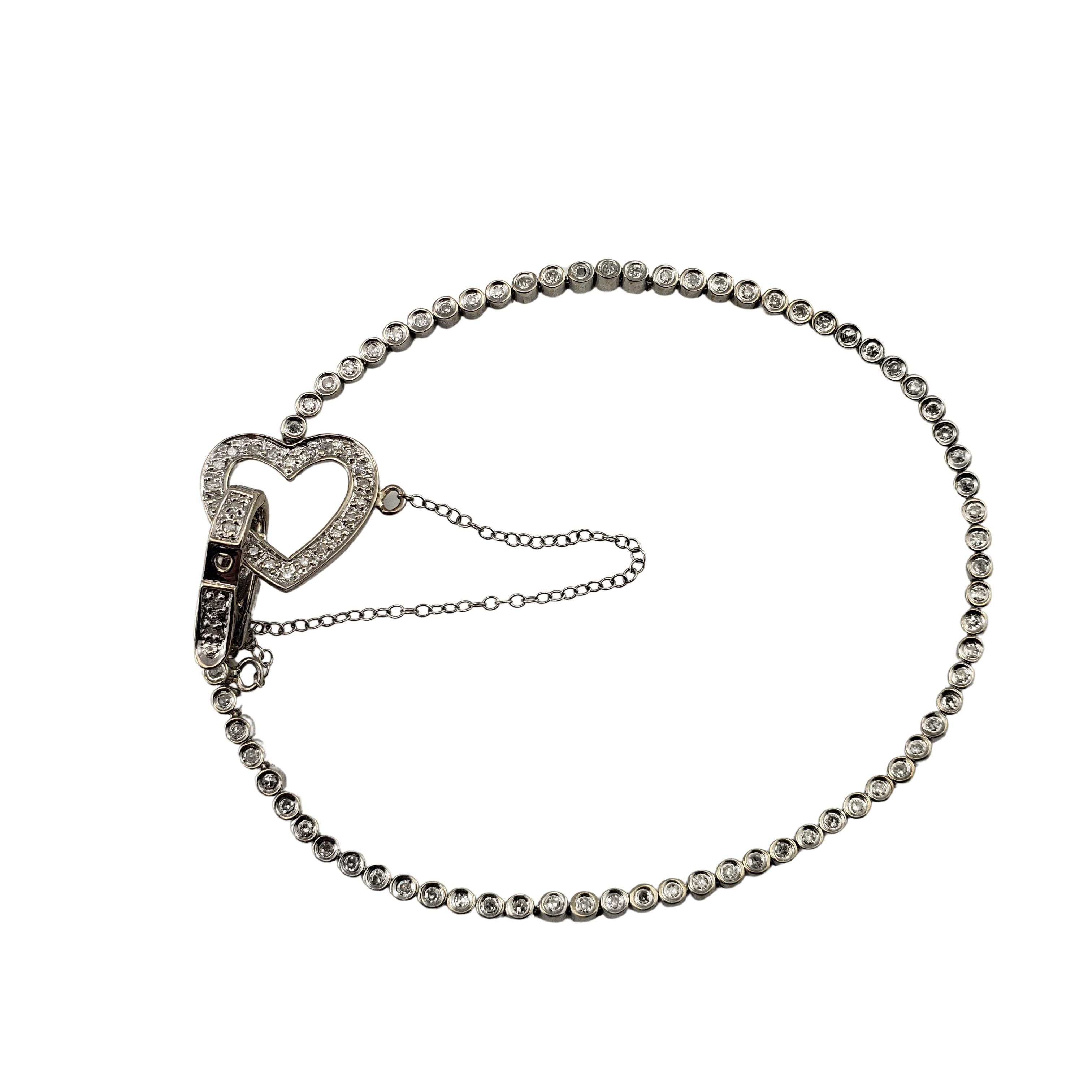 Single Cut 14 Karat White Gold Diamond Tennis Bracelet with Heart Clasp #16401 For Sale