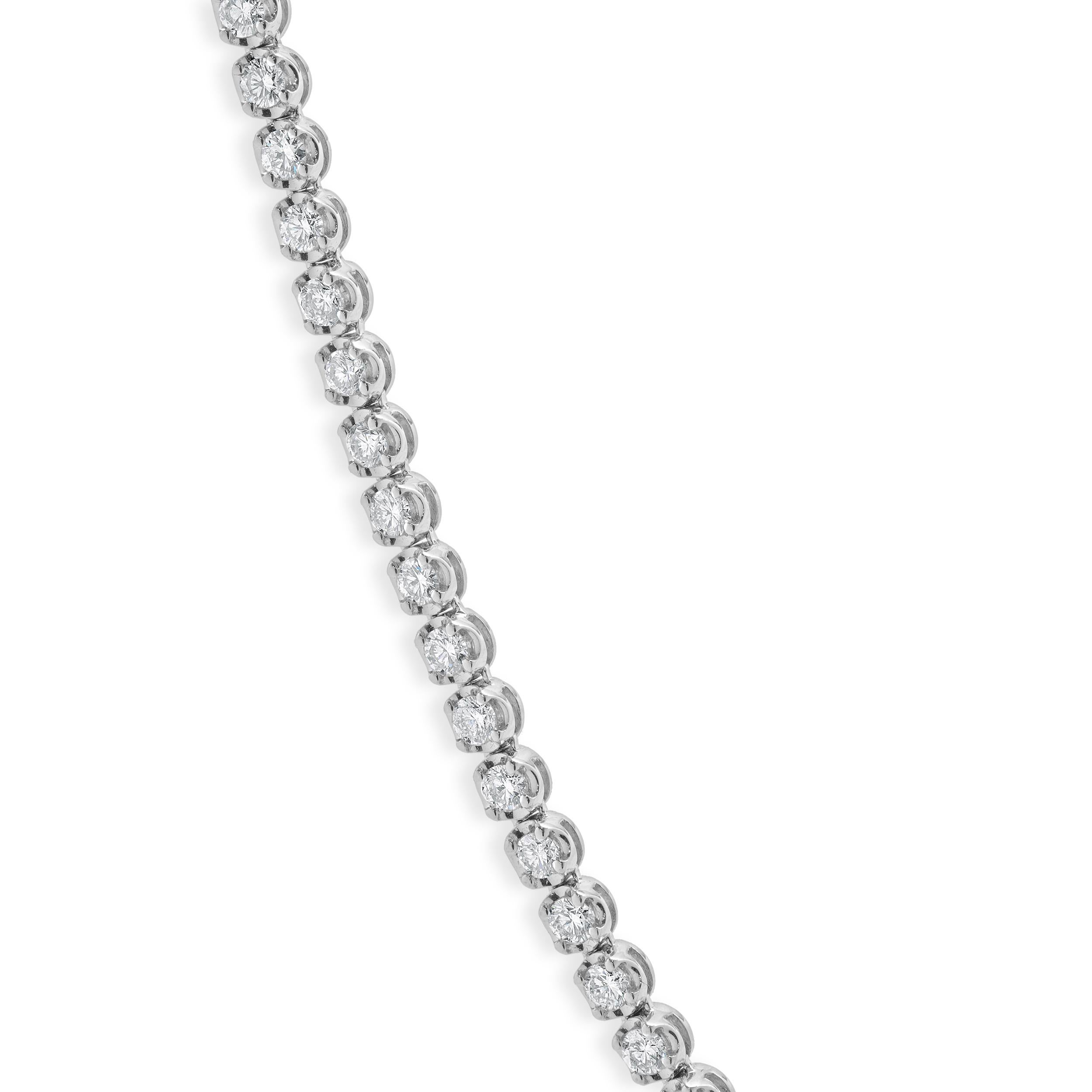 Women's 14 Karat White Gold Diamond Tennis Necklace For Sale